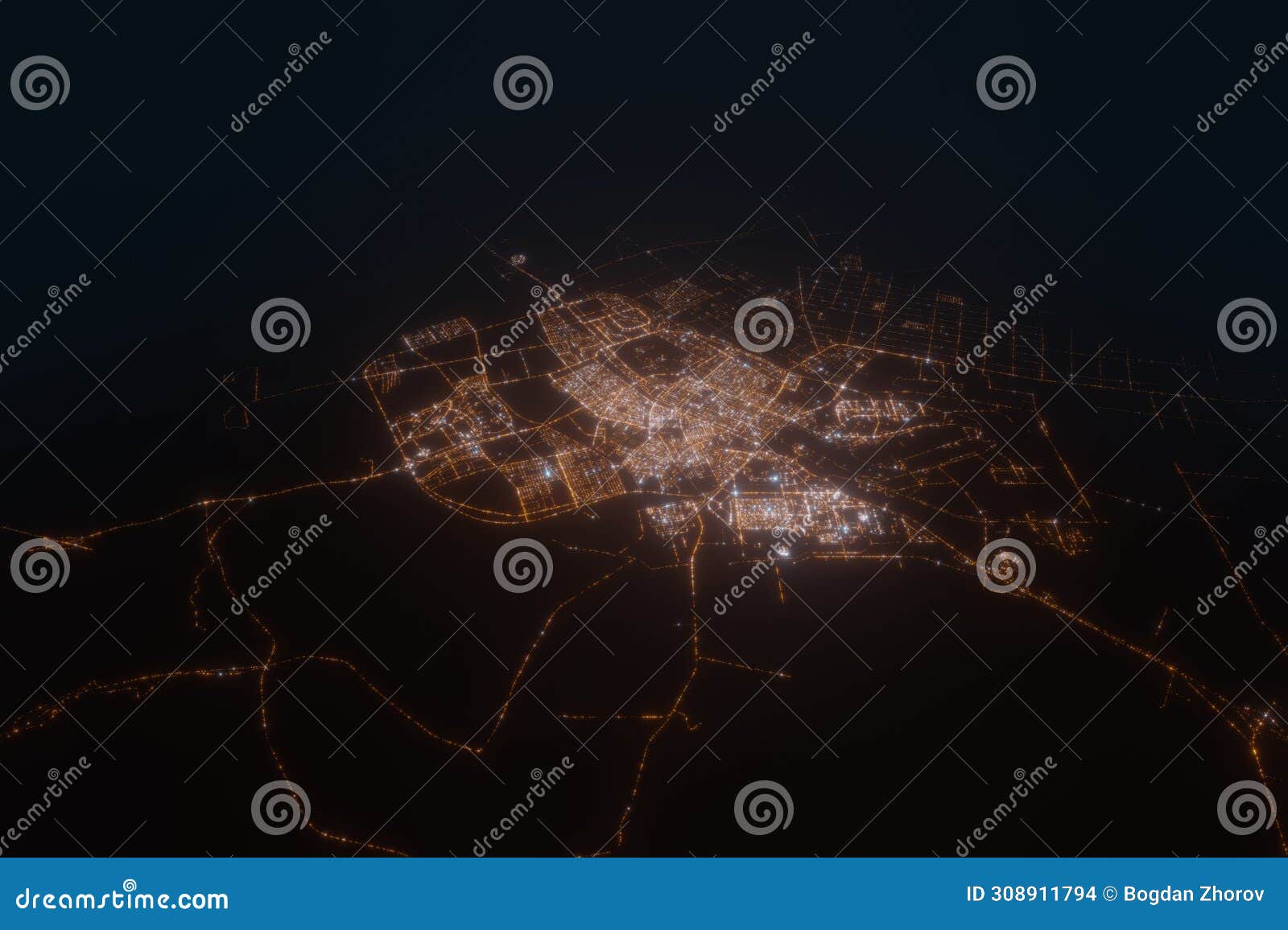 aerial view on tabuk (saudi arabia) from south. top view on modern city at night from space