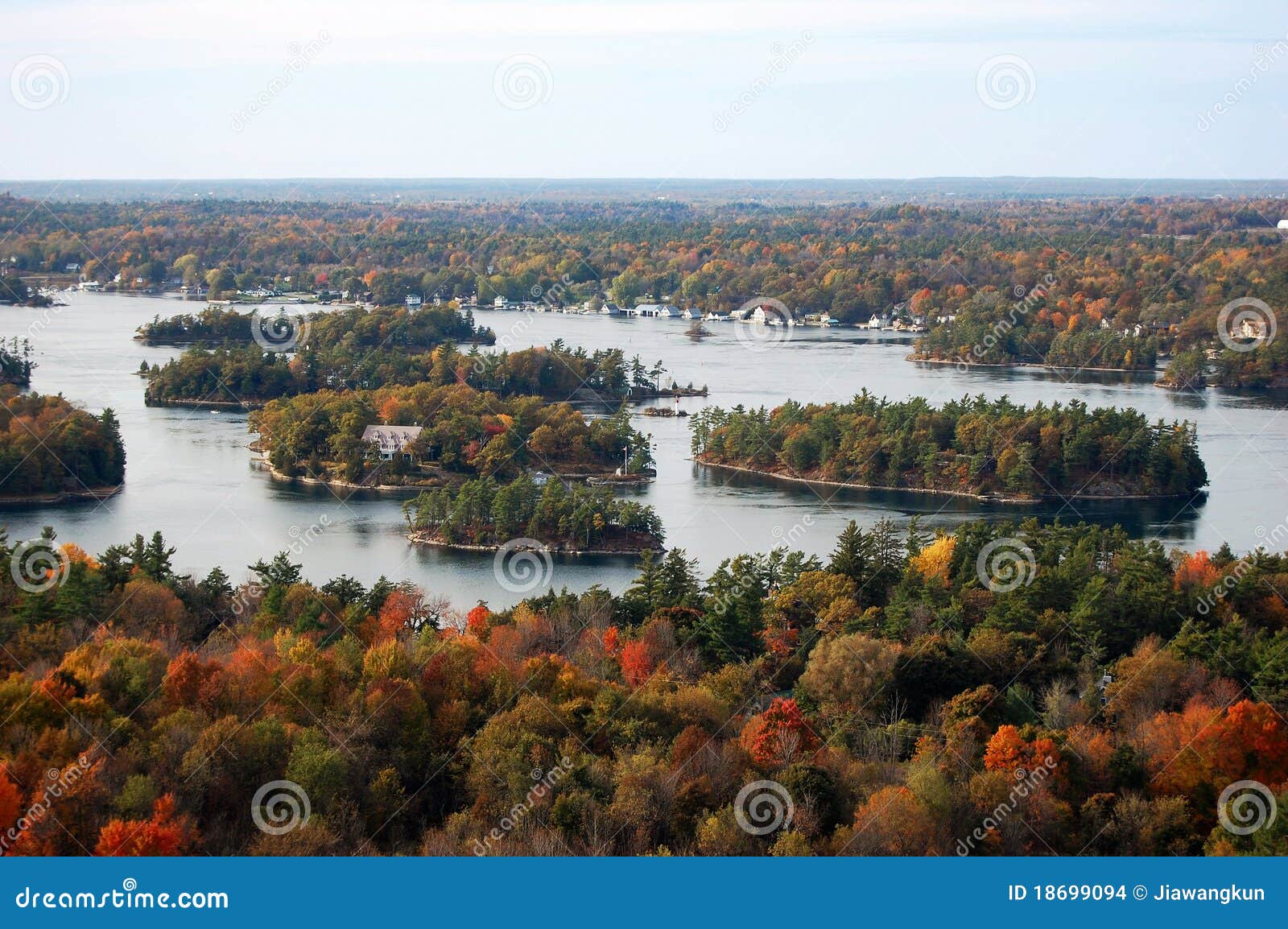 aerial view of thousand islands in fall, new york, usa