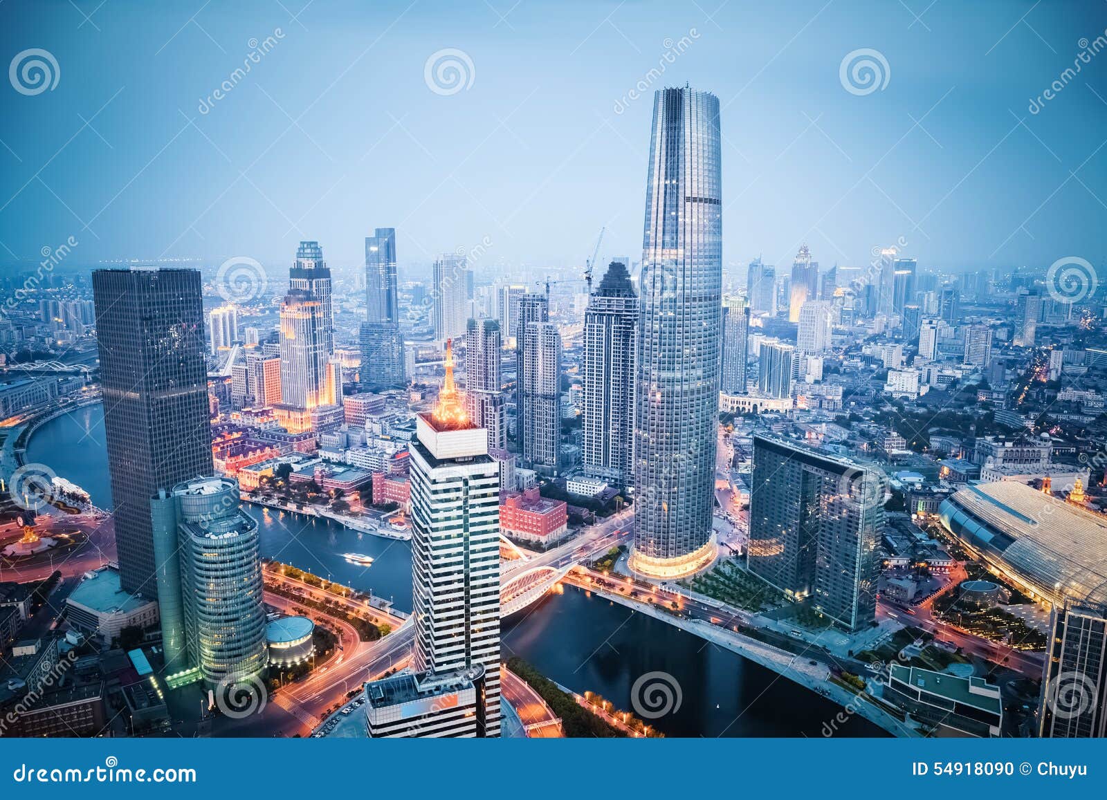 aerial view of tianjin in nightfall