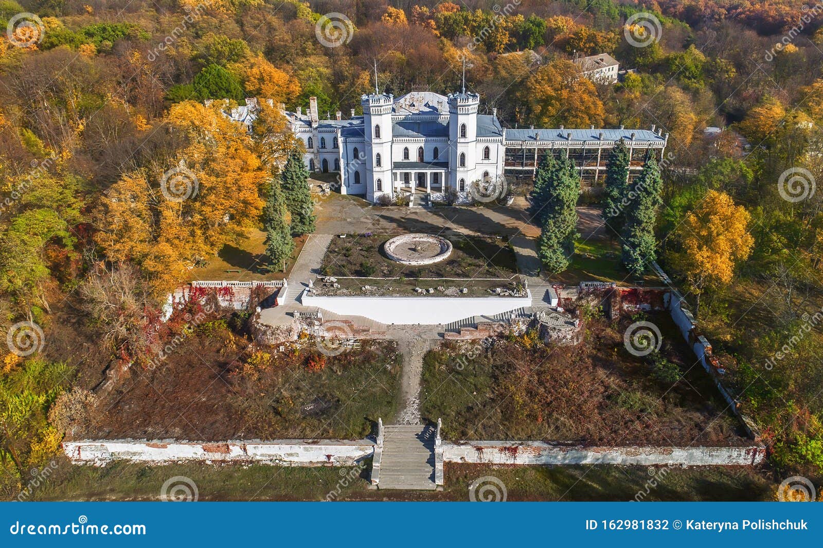 aerial view to the beautiful abandoned castle, fall season outdoor background