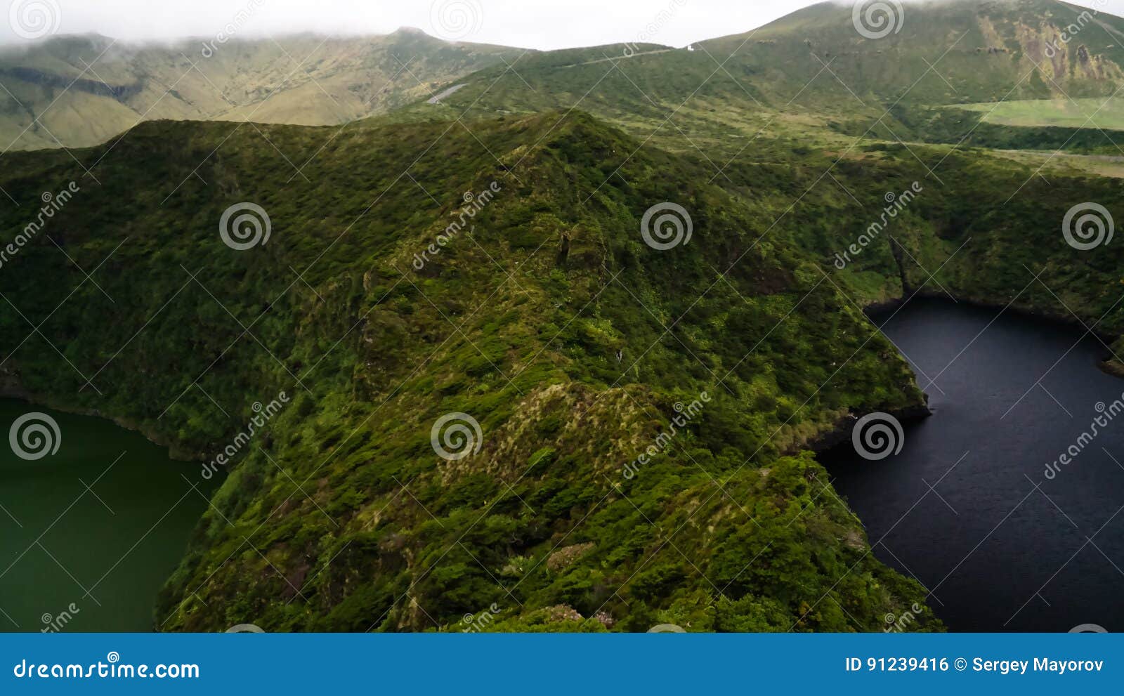 aerial view to comprida and negra lakes , flores island , azores. portugal