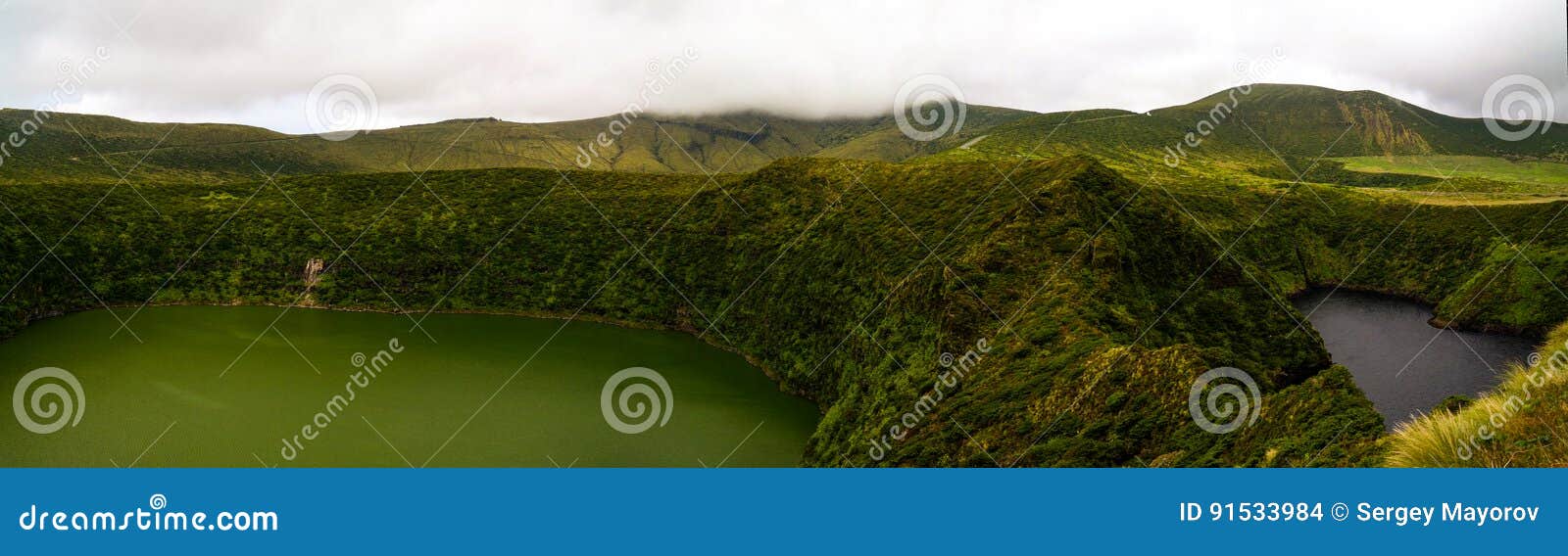 aerial view to comprida and negra lakes , flores island , azores. portugal