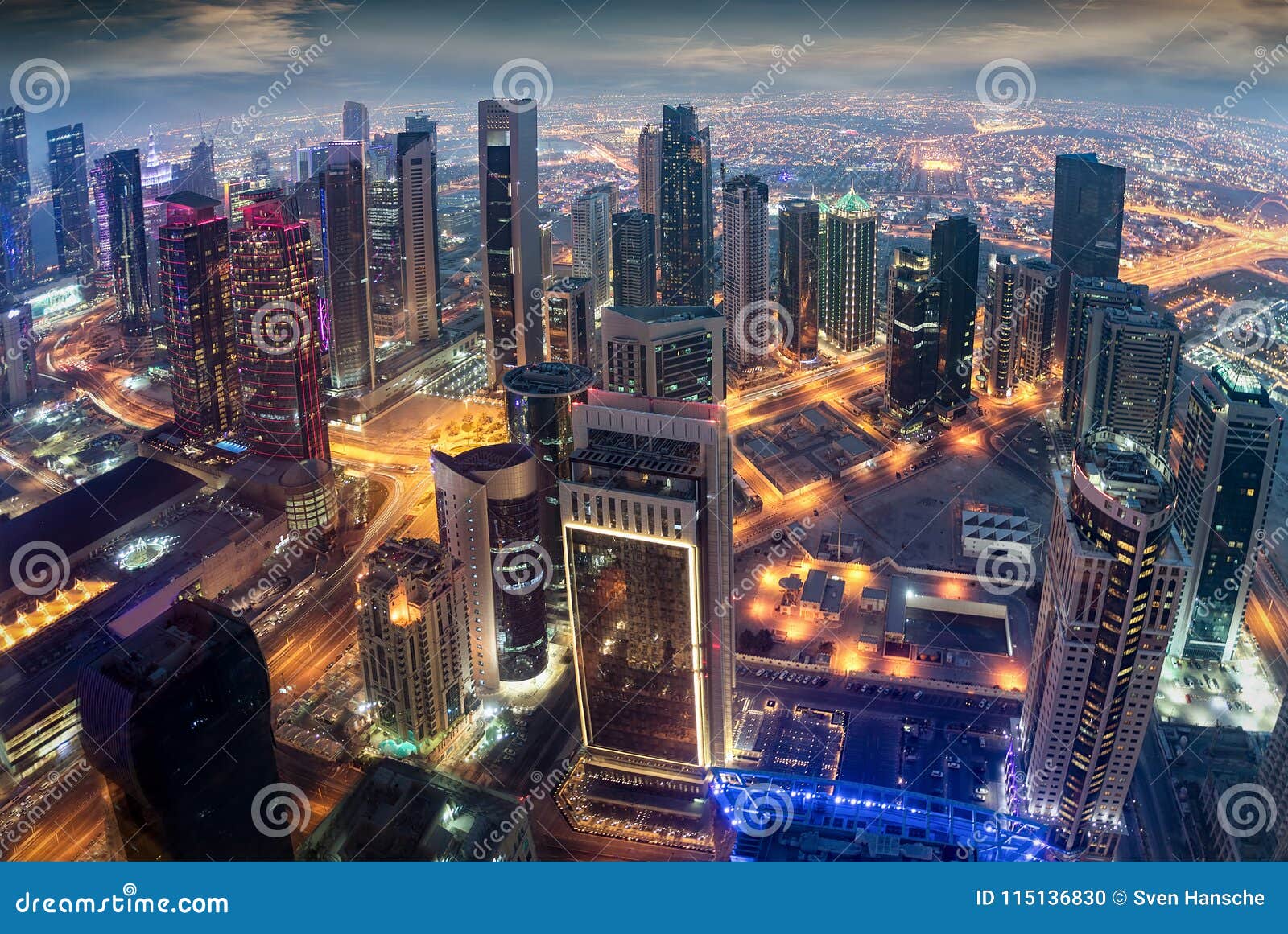 aerial view to the illuminated city center of doha, qatar