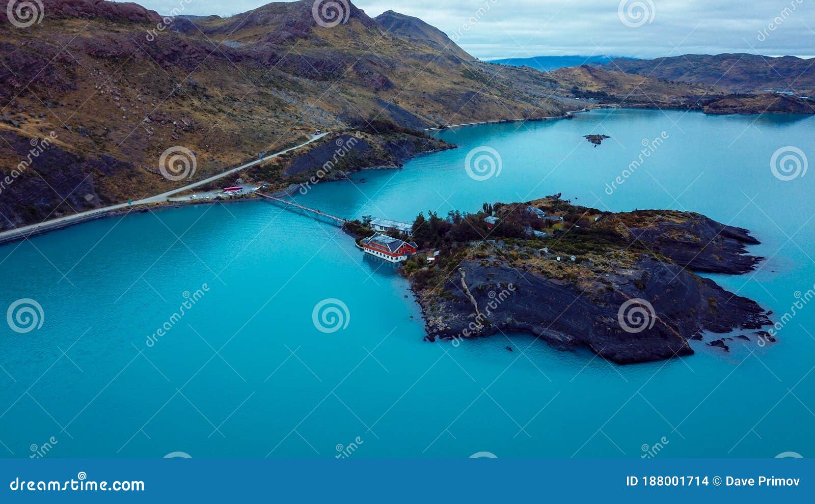 aerial view to the small island in the lago pehoe in the torres del paine national park