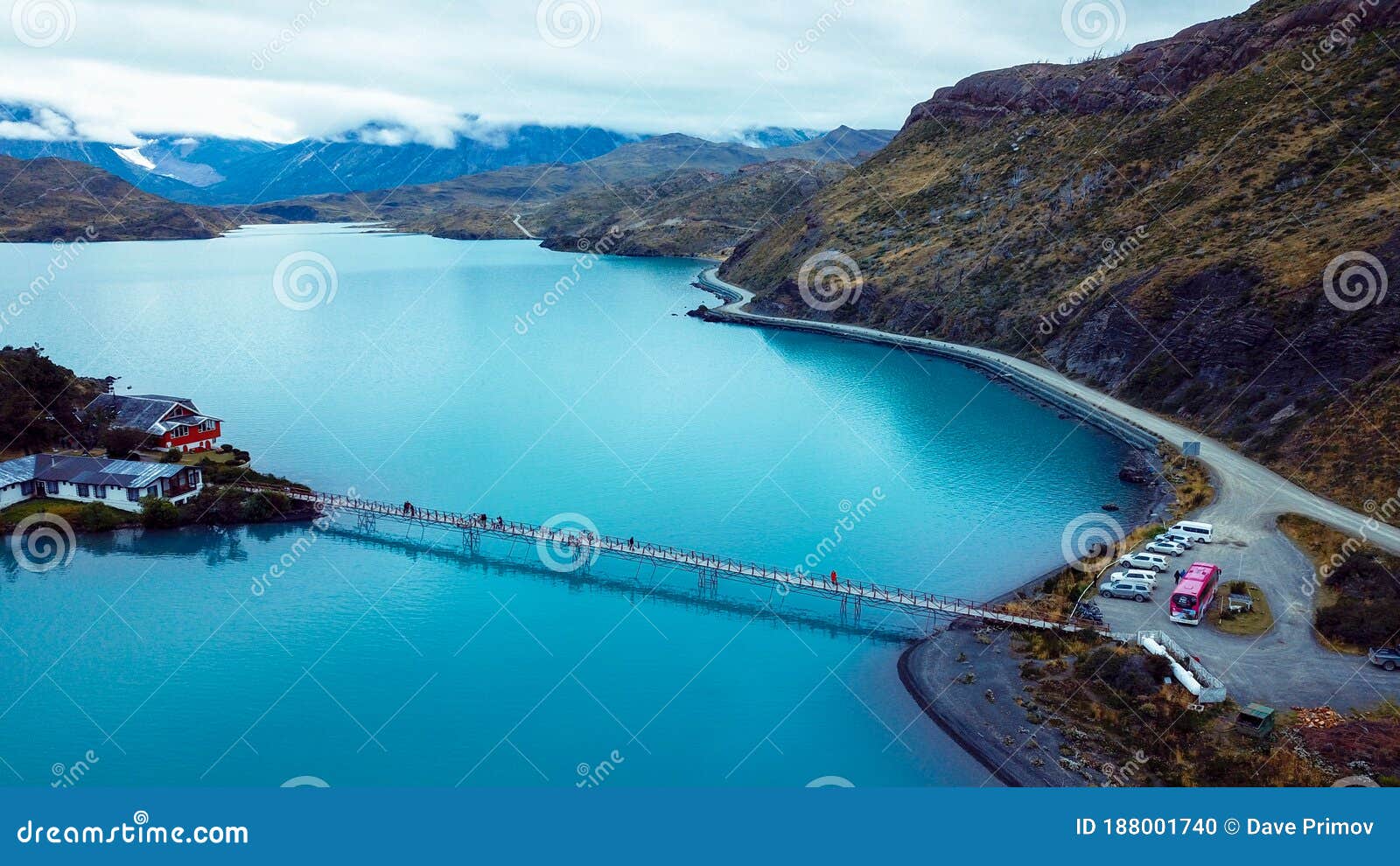 aerial view to the small island in the lago pehoe in the torres del paine national park