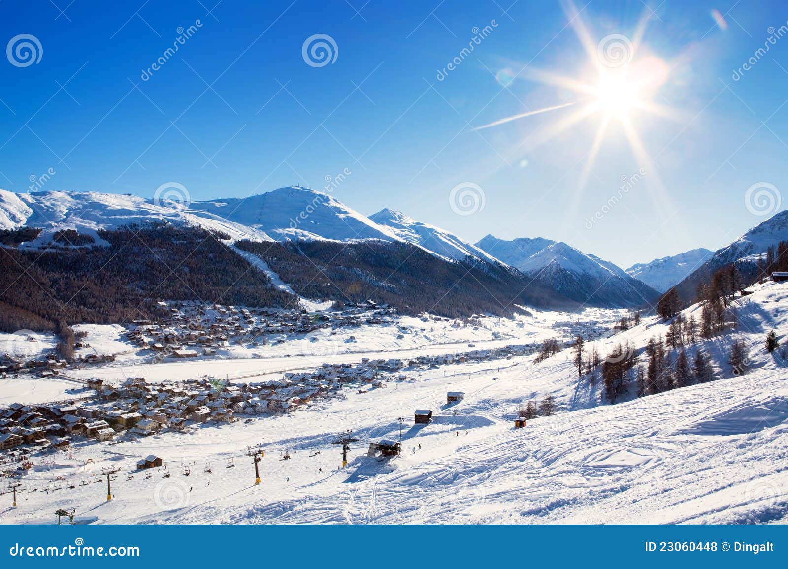 Aerial View To Typical Alpine Ski Resort Stock Photo Image of blue