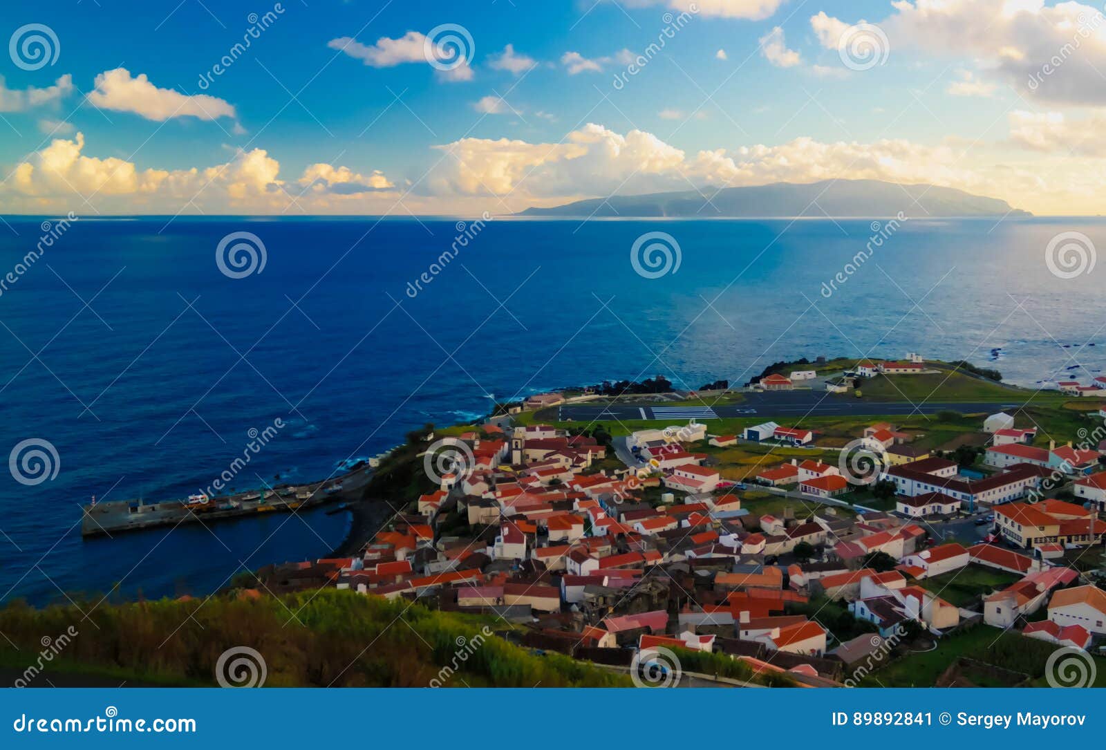aerial view to vila do corvo and flores island at sunset, corvo island, azores, portugal