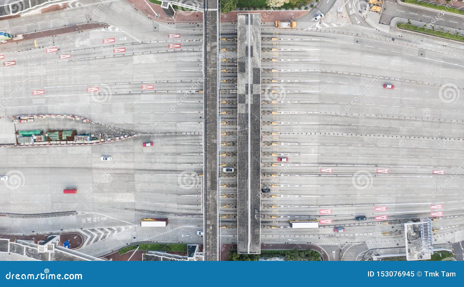 aerial view of toll booth of the western harbour tunnel at hong kong.