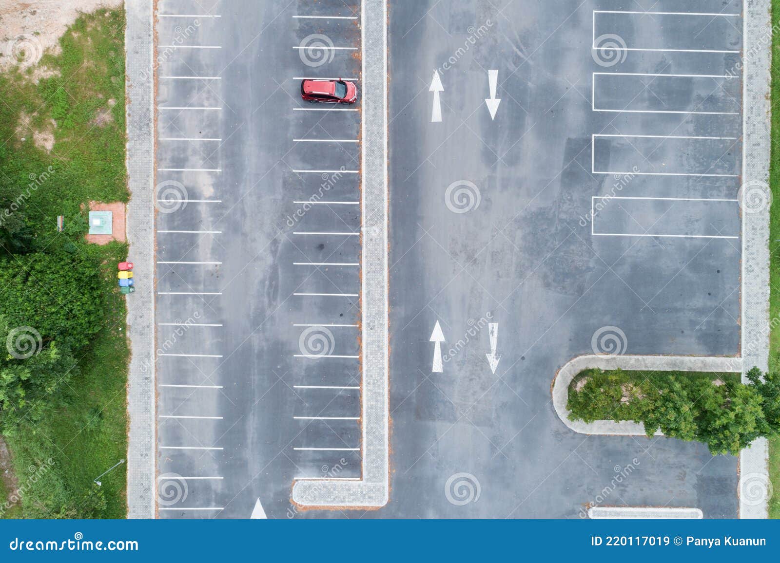 Aerial View Top Down Of Red Suv Car Parked At Concrete Car Parking Lot