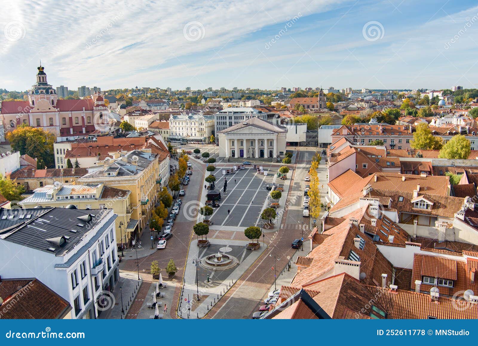 aerial view of the town hall square at the end of the pilies street in vilnius. beautiful autumn day in the capital of lithuania
