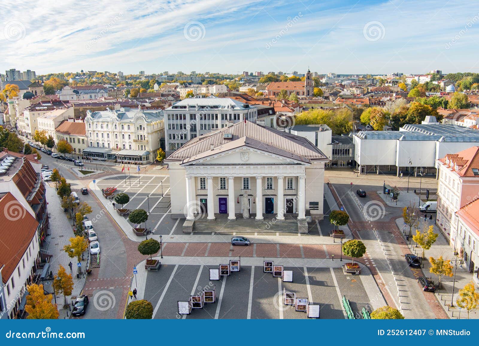 aerial view of the town hall square at the end of the pilies street in vilnius. beautiful autumn day in the capital of lithuania