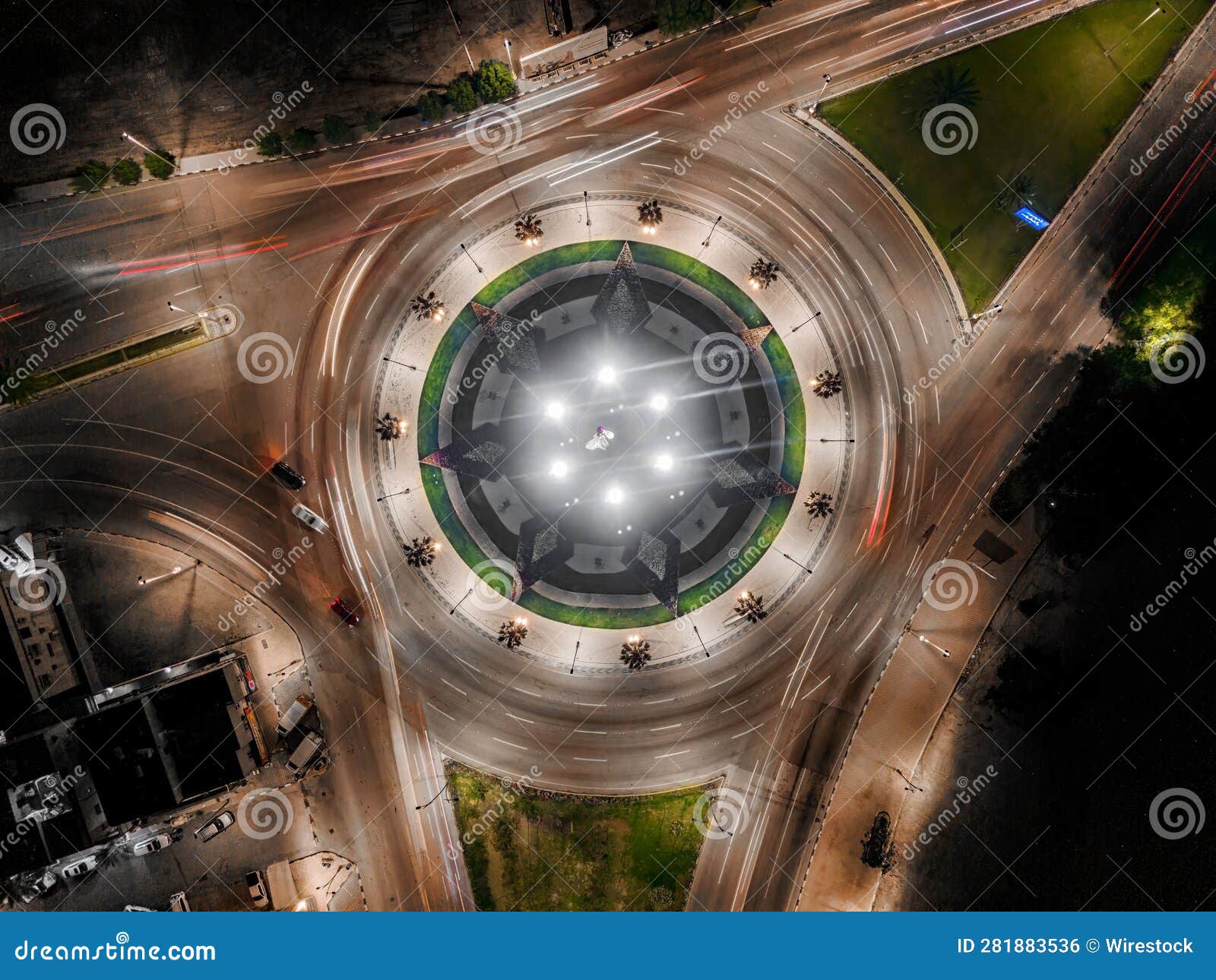 aerial view of a traffic busy roundabout in qatif, saudi arabia.