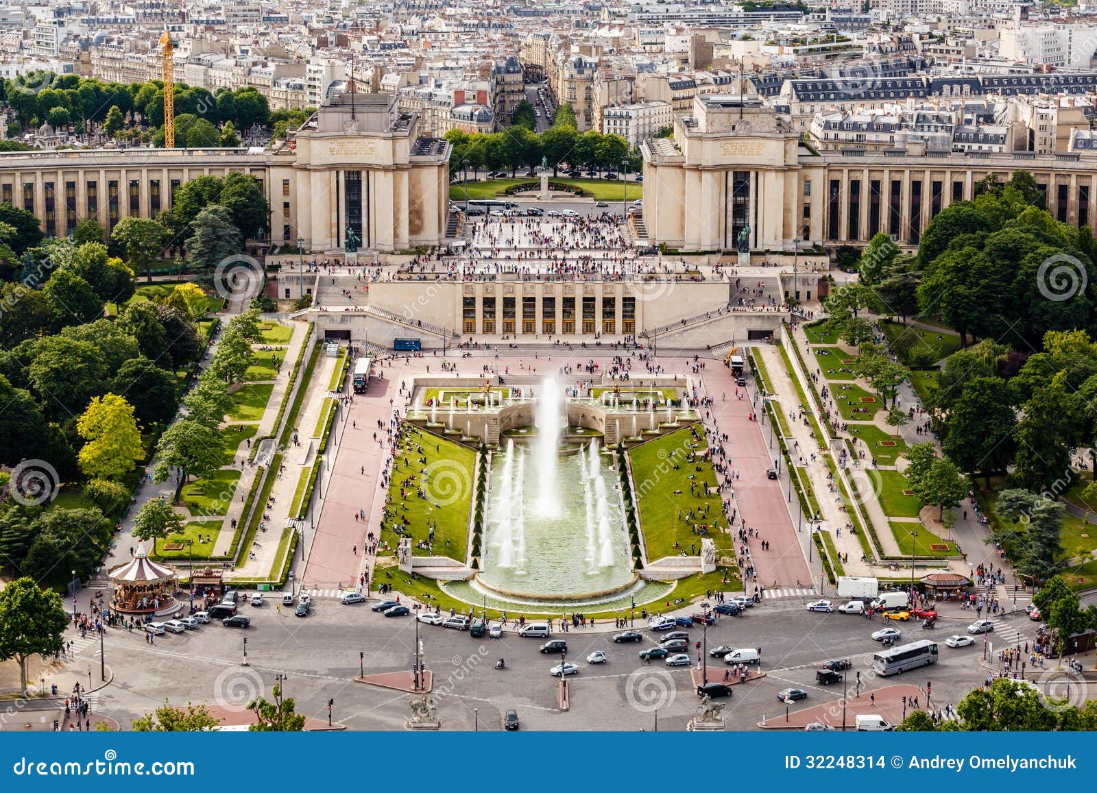 aerial view on trocadero fountains from the eiffel tower