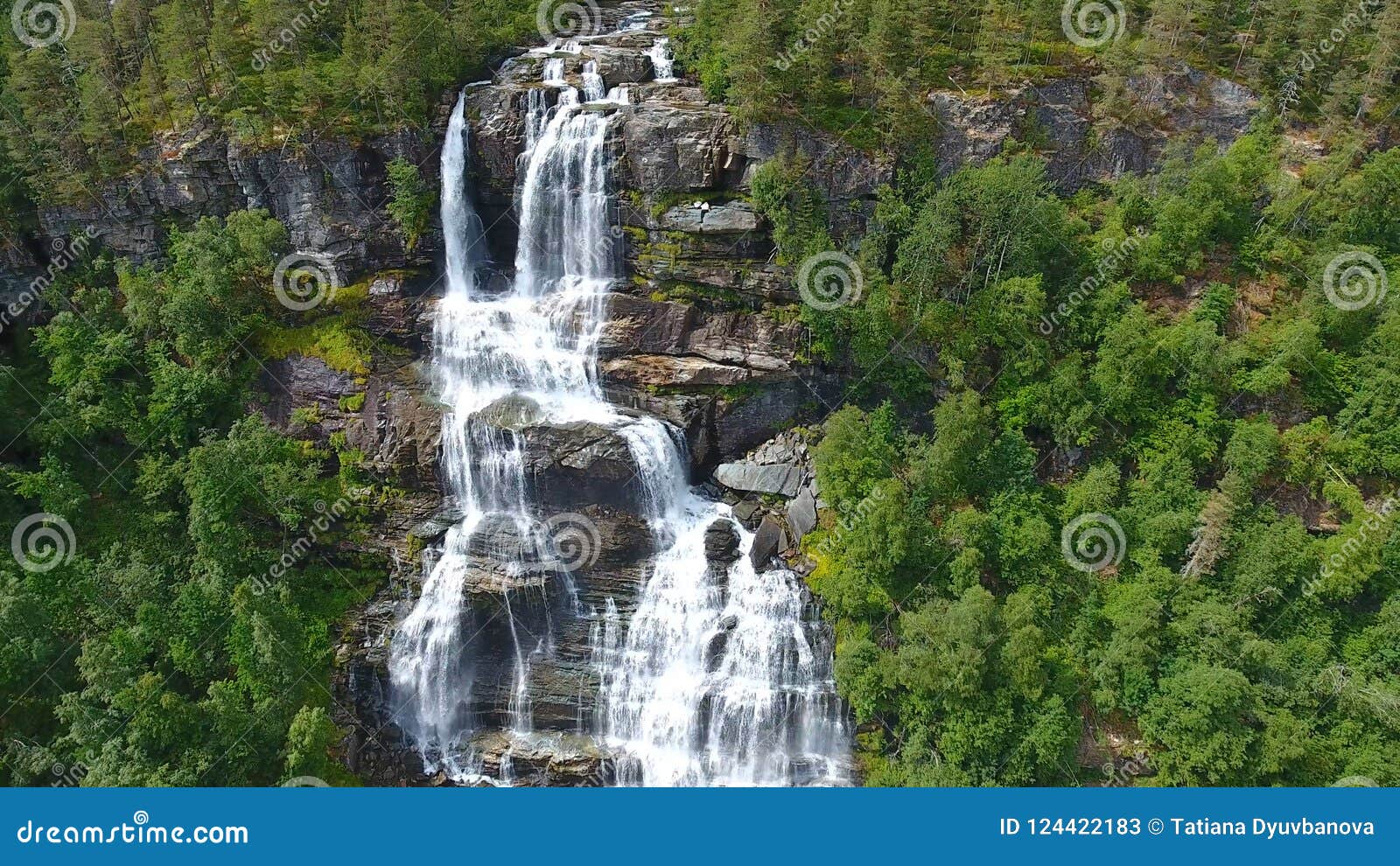 aerial view of tvindefossen or tvinnefossen waterfall near voss, norway