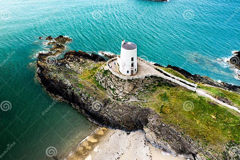 Aerial View Of Twr Mawr Lighthouse Meaning Great Tower In Welsh On Ynys aerial-view-of-twr-mawr-lighthouse-meaning-great-tower-in-welsh-on-ynys