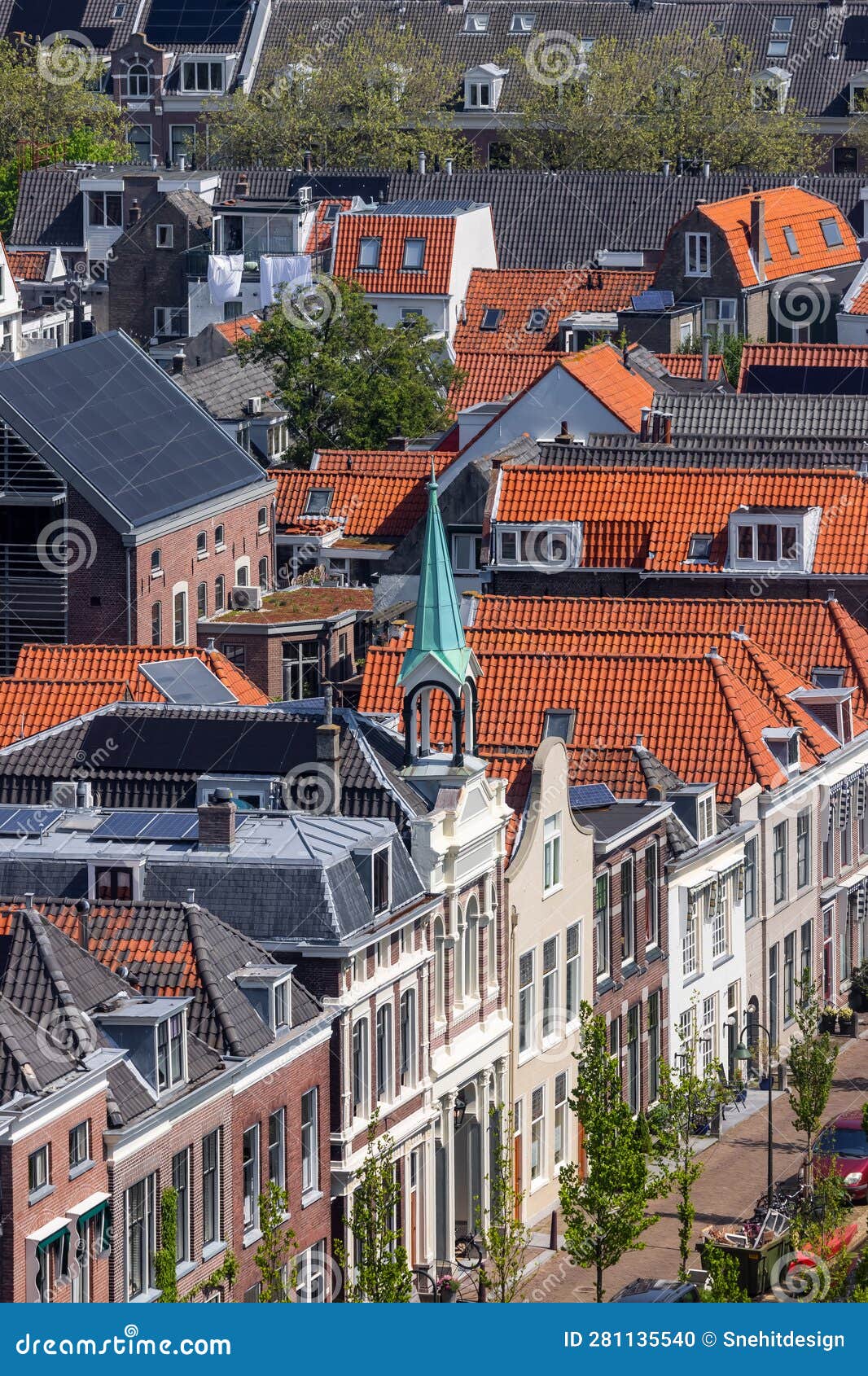 aerial view of typical colorful dutch style homes in delft city centrum, netherlands