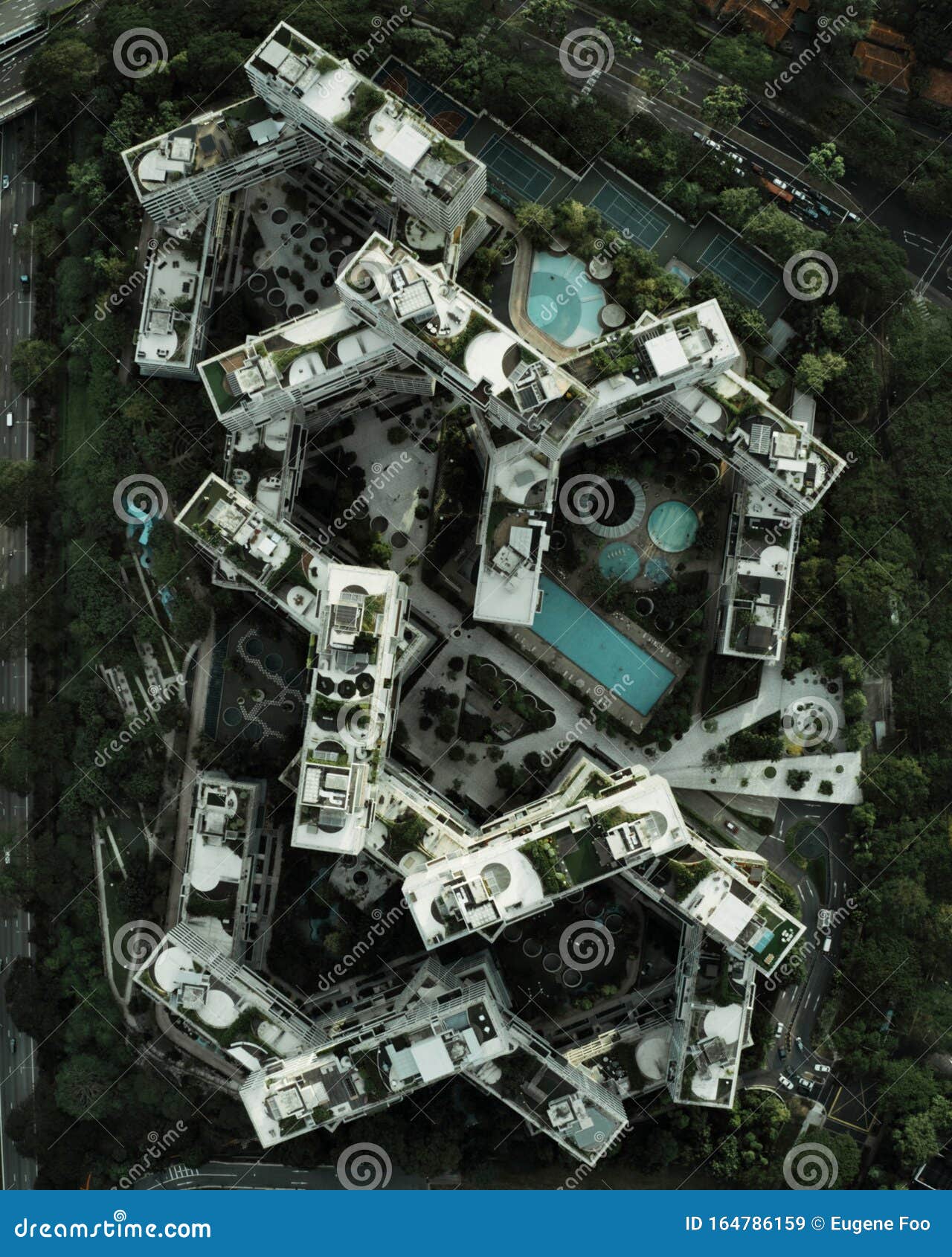 aerial view of a unique architectural residence, the interlace condominium.