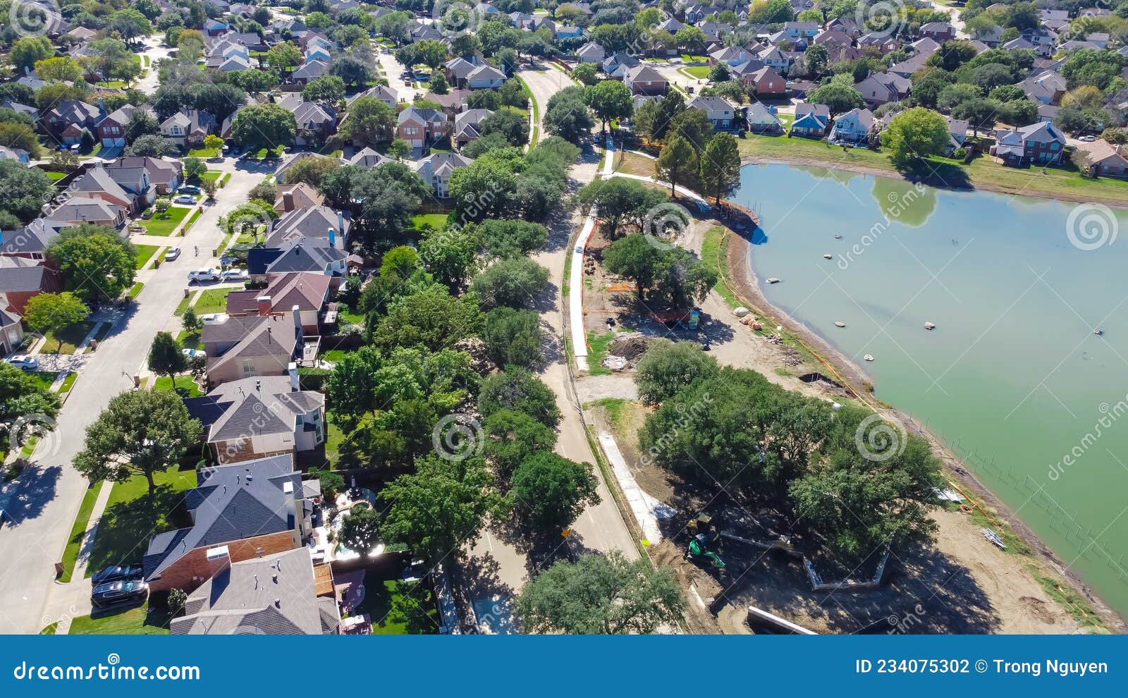 Top View Suburban Upscale Lakeside Houses with Mature Trees in Flower ...