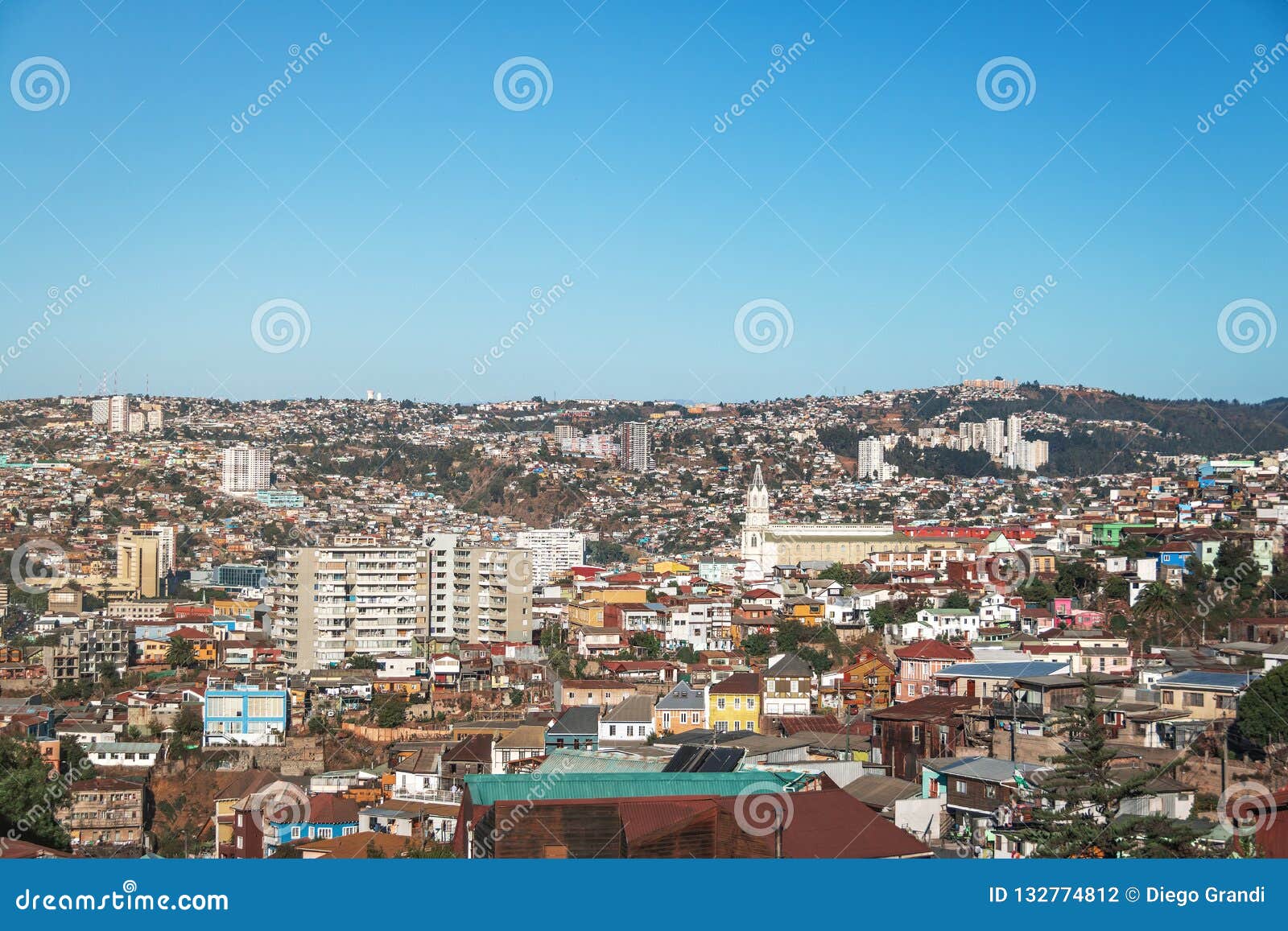 aerial view of valparaiso and las carmelitas church from plaza bismarck at cerro carcel hill - valparaiso, chile