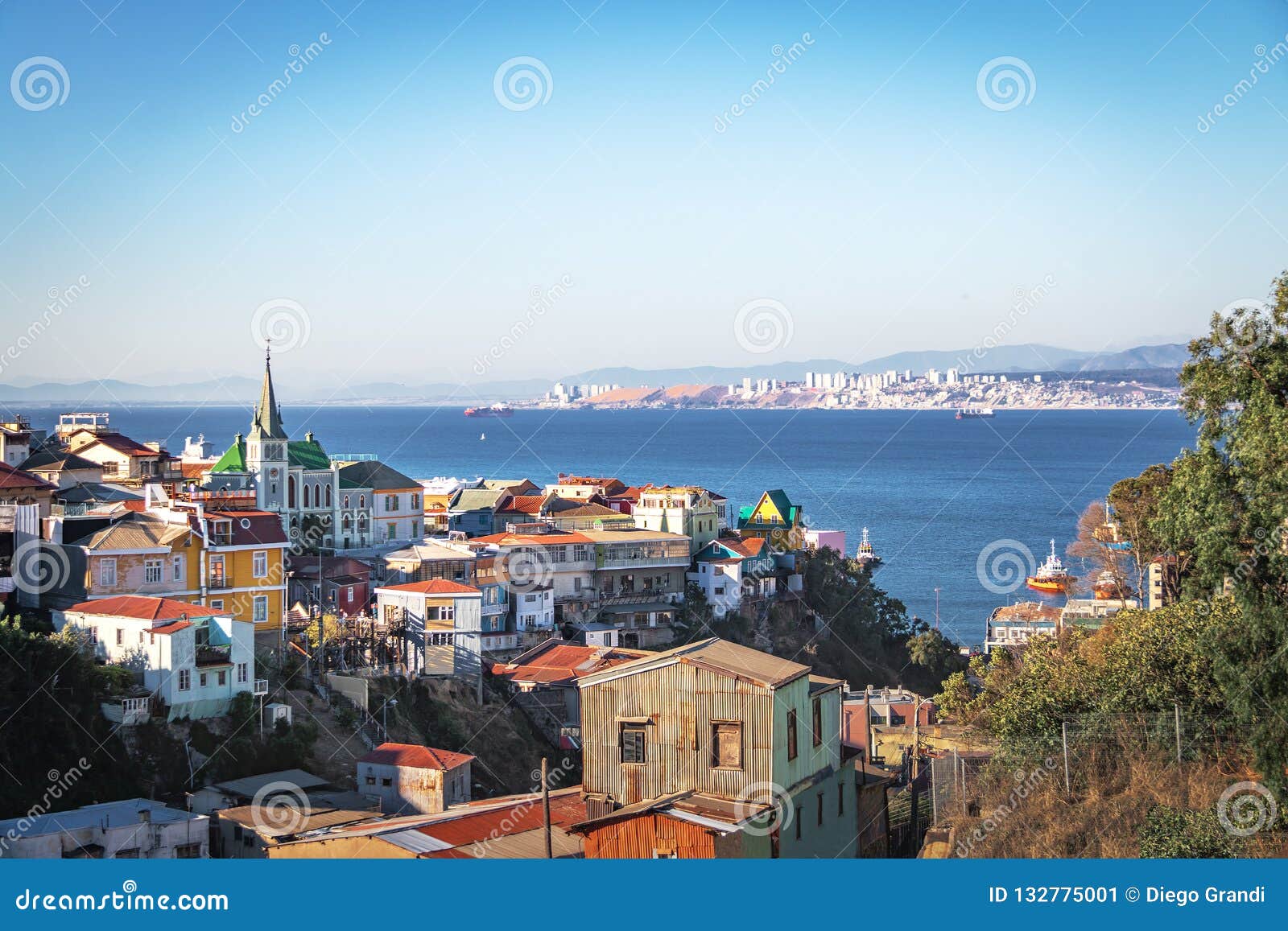 aerial view of valparaiso with lutheran church from cerro carcel hill - valparaiso, chile