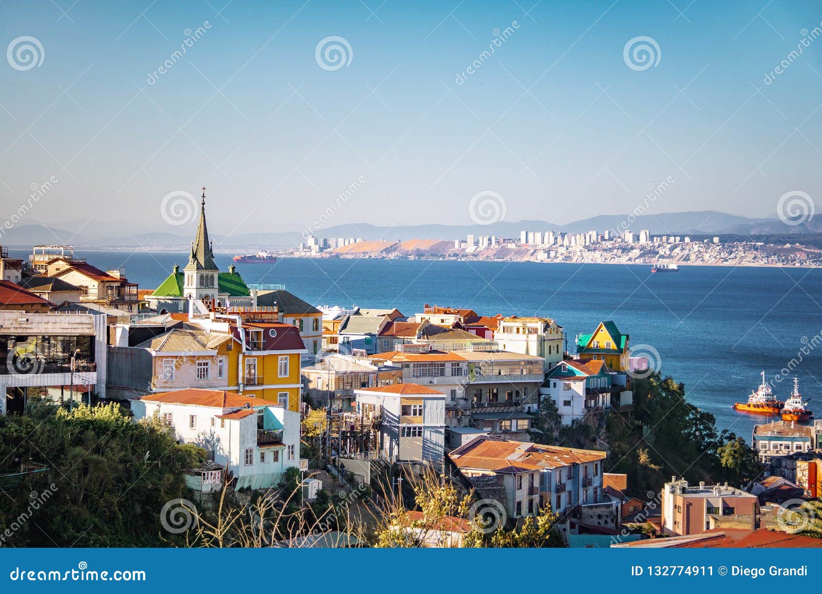 aerial view of valparaiso with lutheran church from cerro carcel hill - valparaiso, chile