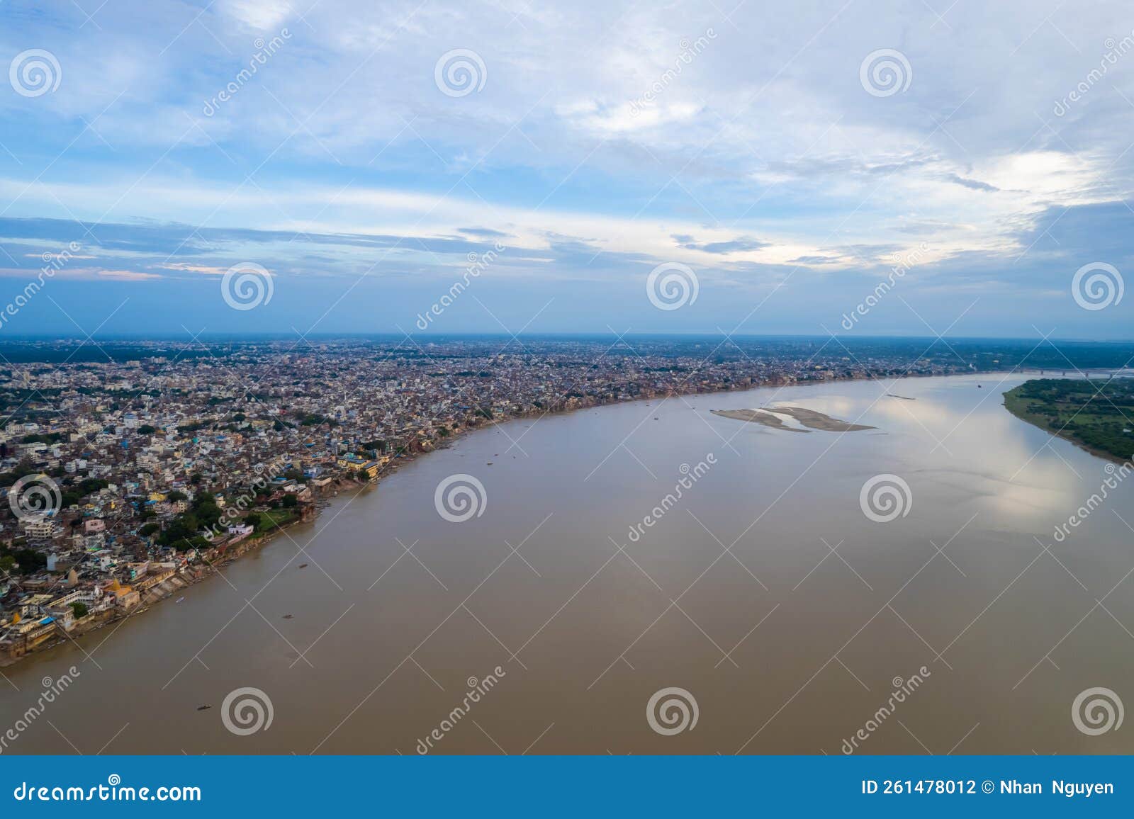 aerial view of varanasi city with  ganges river, ghats, the houses in varanasi, banaras, india