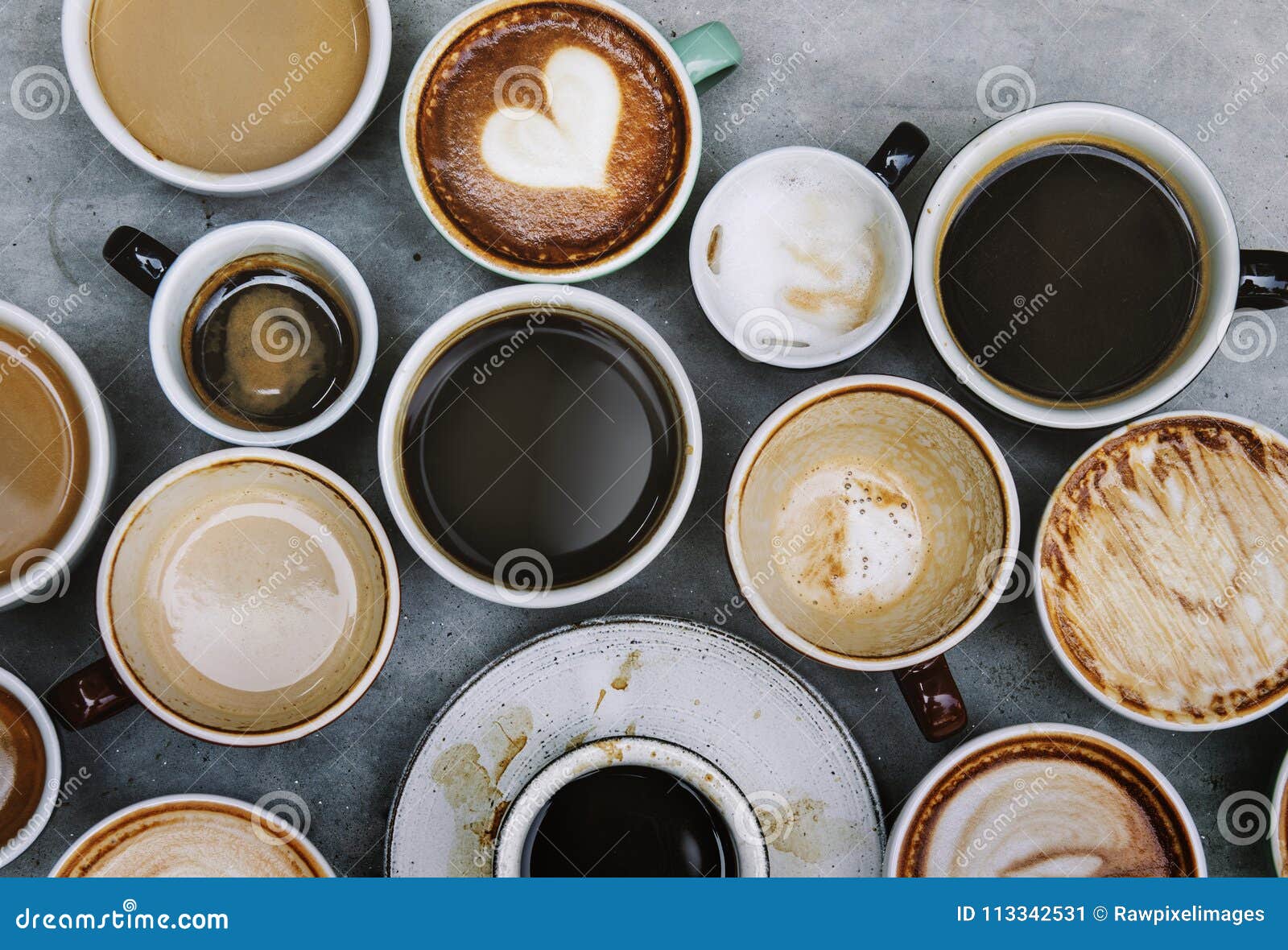 aerial view of various hot coffee drinks