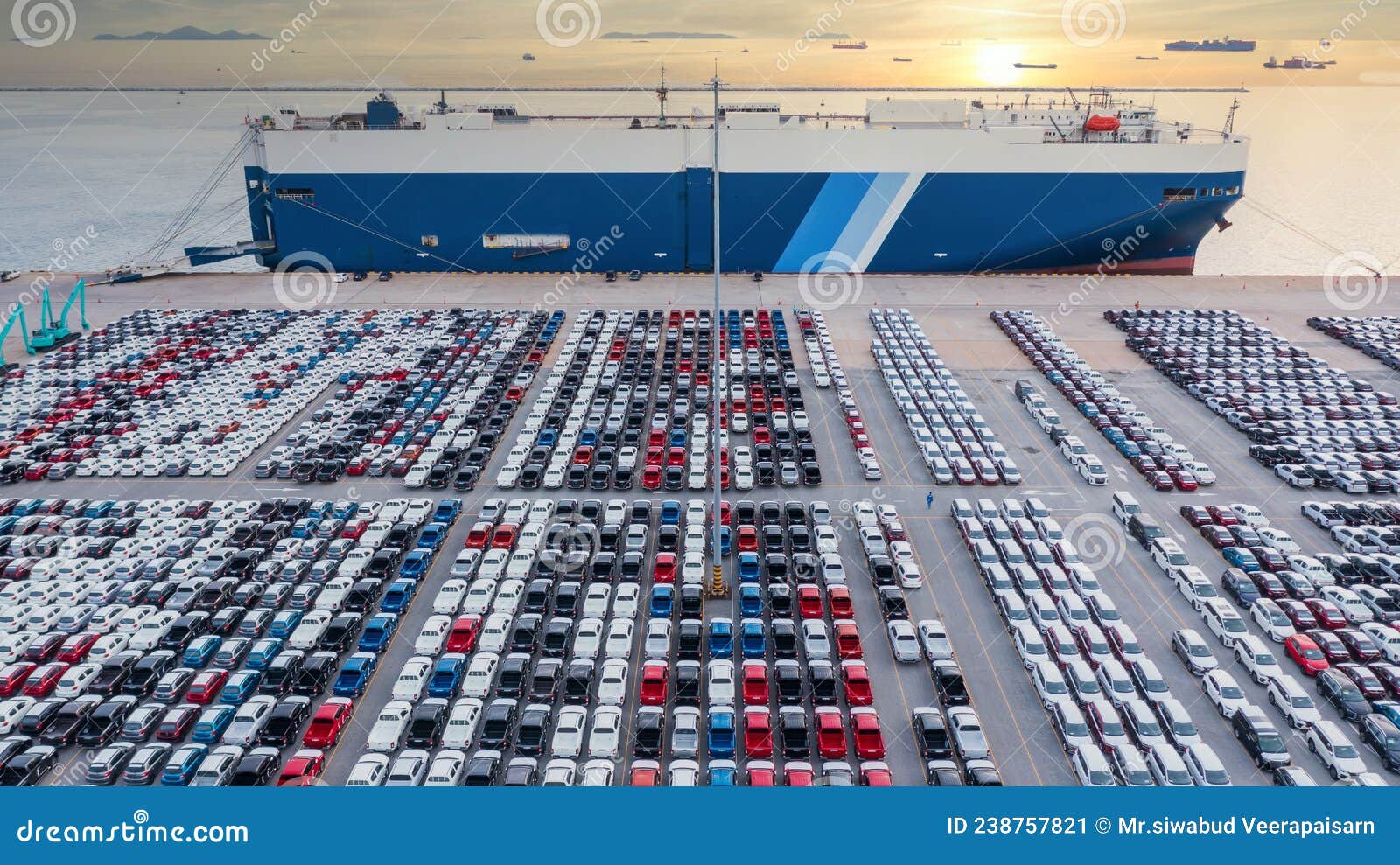 aerial view vehicle carrier vessel loading car for shipping to worldwide, large roro roll on/off vehicle car carrier, new car