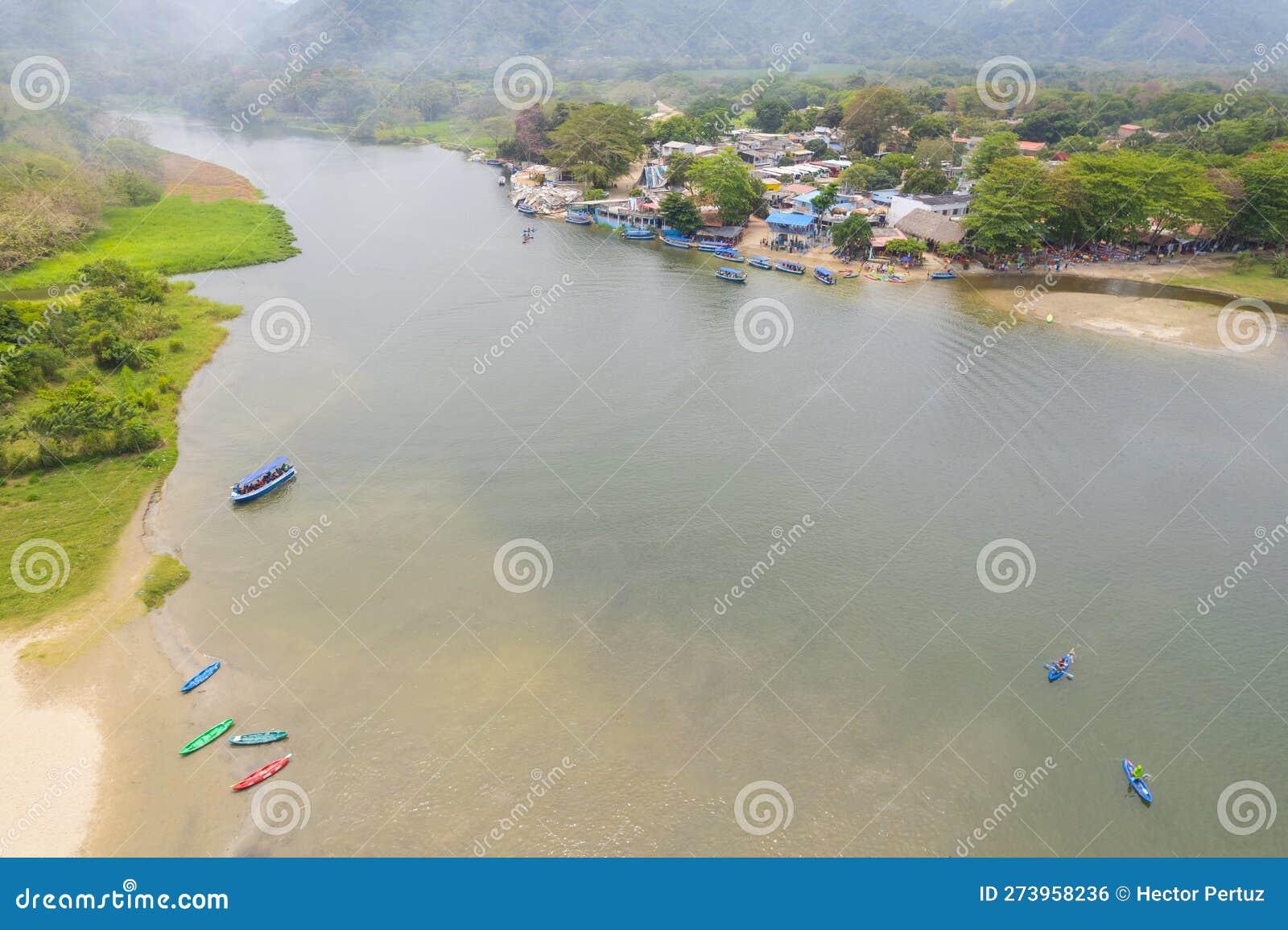 aerial view of a village by the river