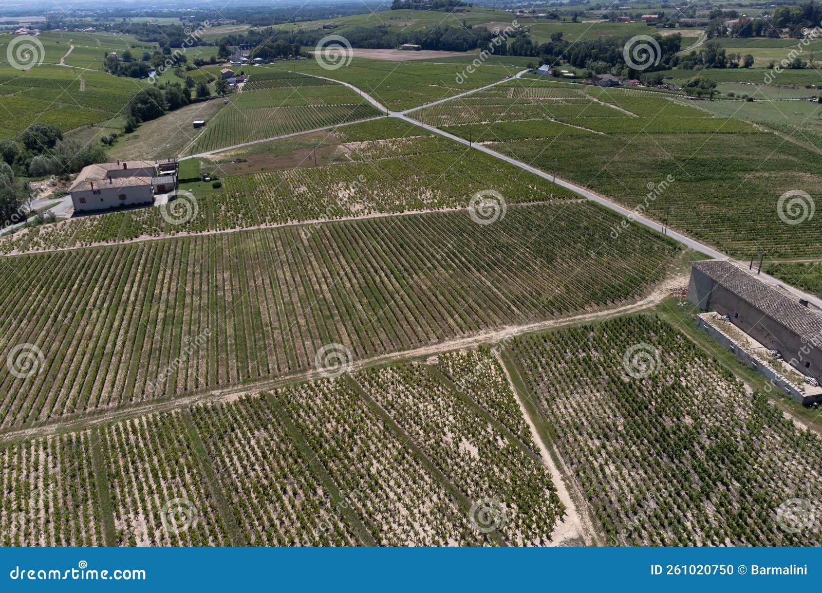 aerial view on vineyards and villages near mont brouilly, wine appellation cÃÂ´te de brouilly beaujolais wine making area along
