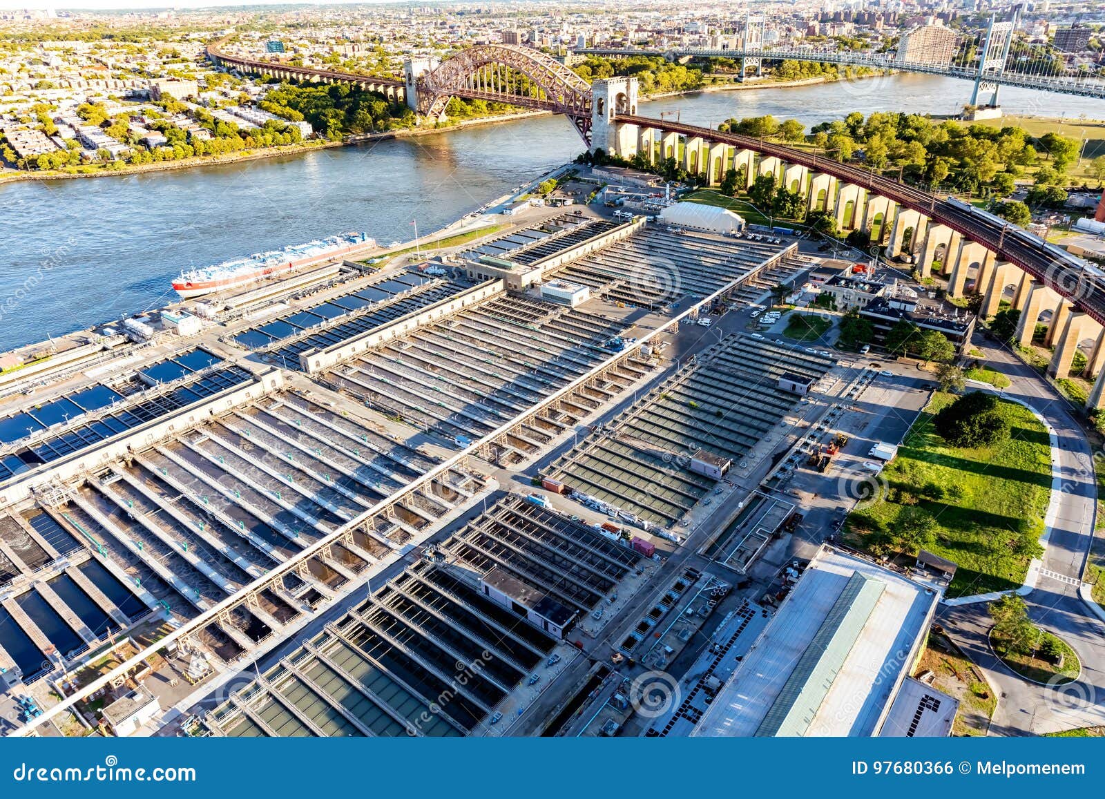 aerial view of wards island wastewater treatment plant in ny