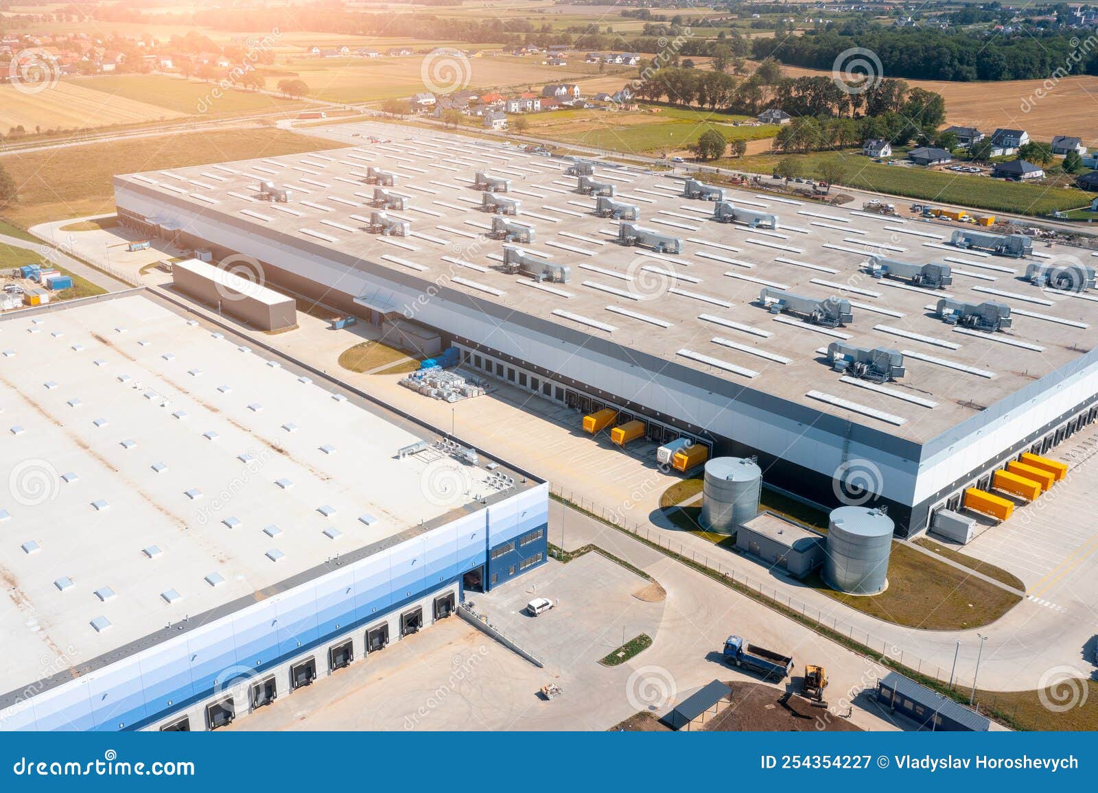 Aerial View of a Warehouse of Goods. Aerial View of Loading and