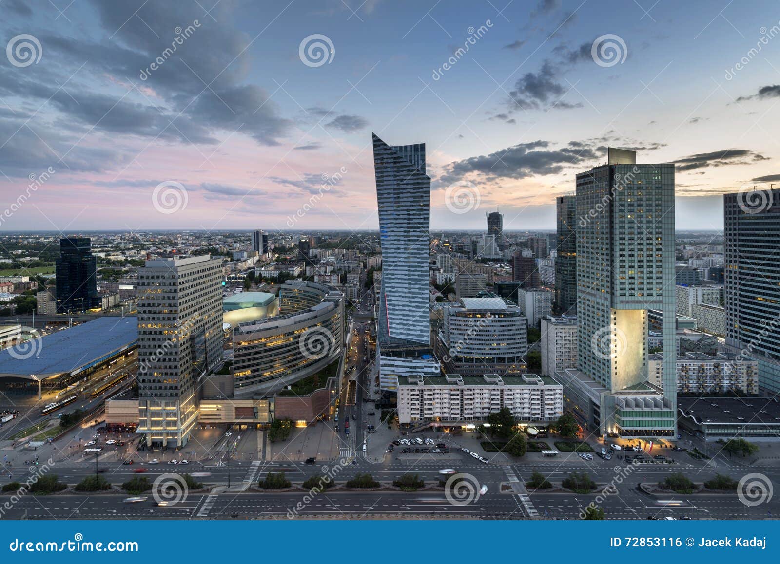 aerial view of warsaw downtown at dusk time