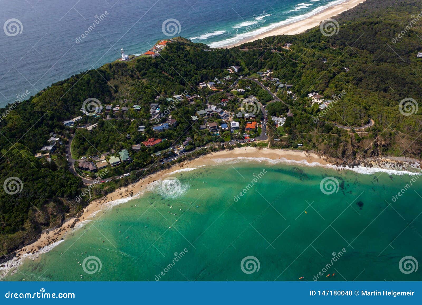 aerial view of wategoes beach at byron bay with lighthouse. the photo was taken out of a gyrocopter, byron bay, queensland,
