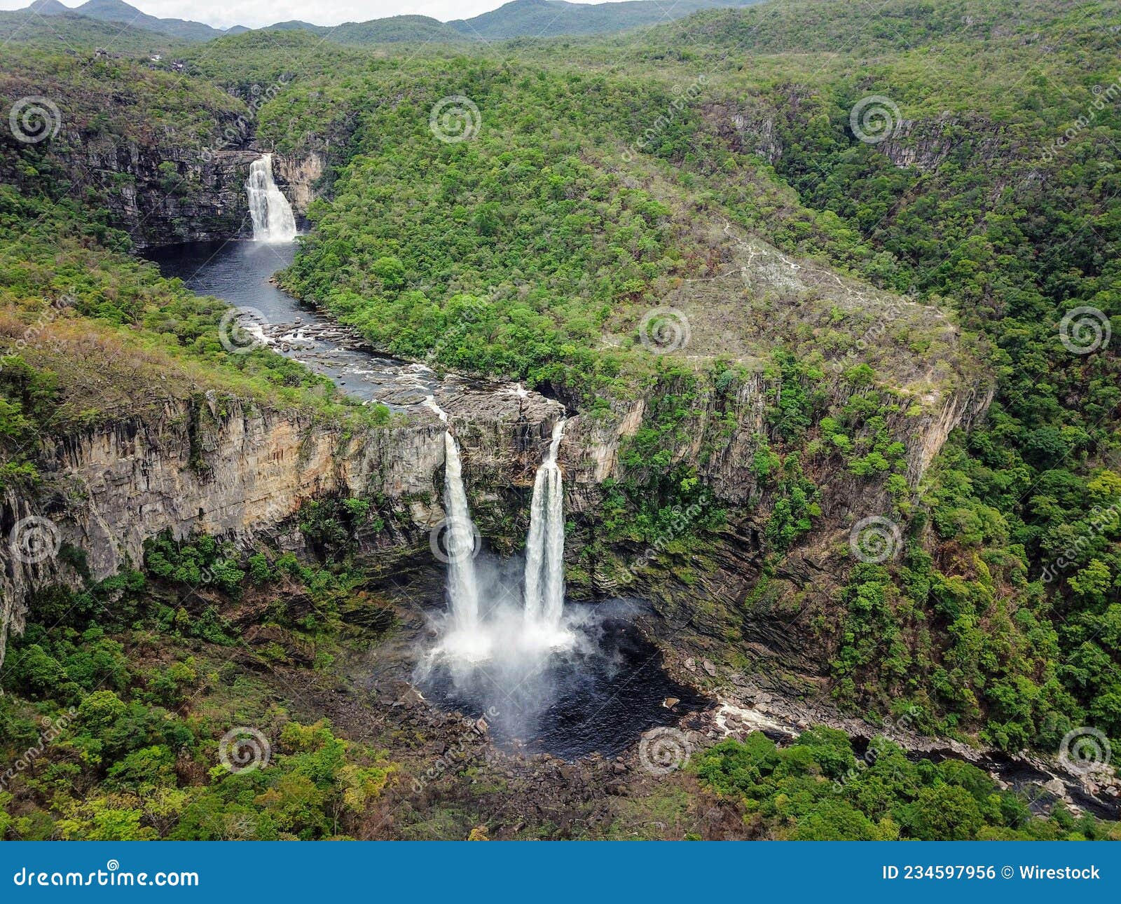 aerial view of waterfalls in chapada dos veadeiros national park in the state of goias, brazil