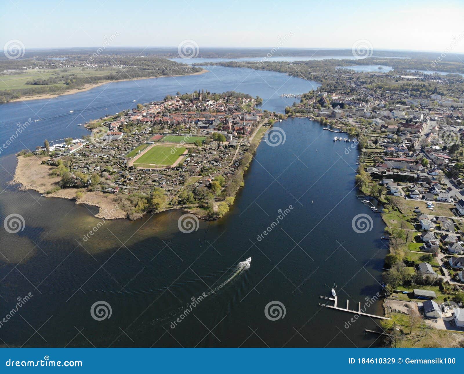 aerial view of werder city island in the river havel with the town`s oldest quarter.