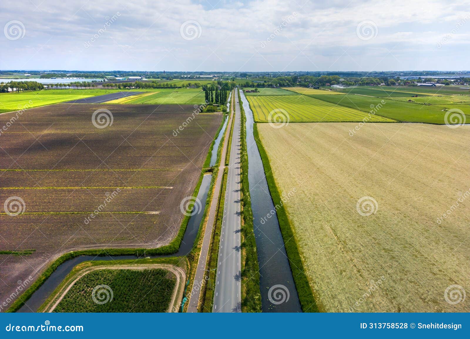 aerial view of wide open farm lands and canals in the netherlands