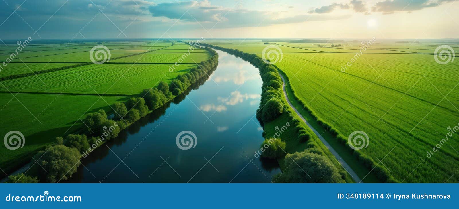 aerial view of winding river flowing through green fields. serene landscape with calm water reflecting clouds. trees line