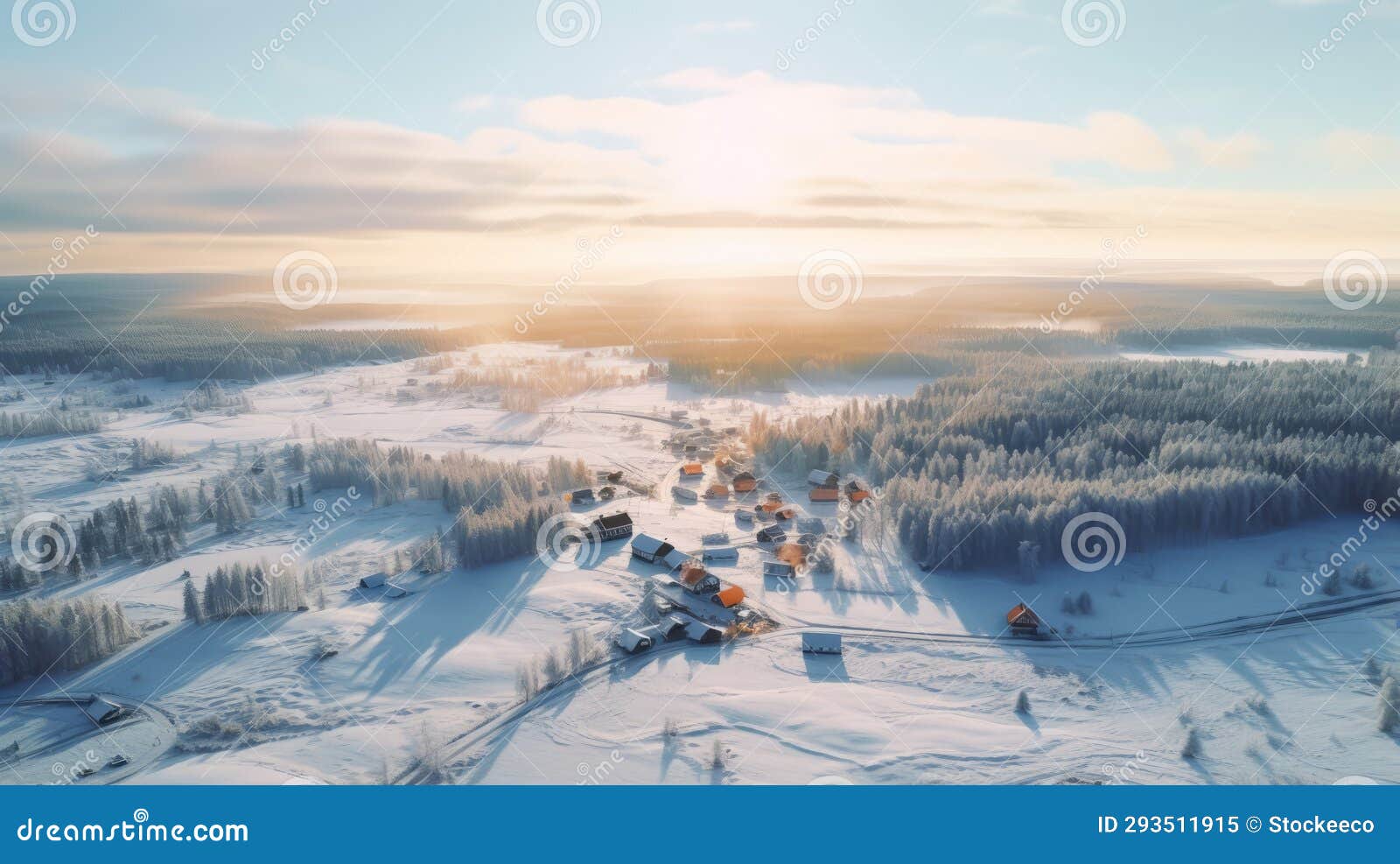 dreamy aerial view of snowy village in golden light