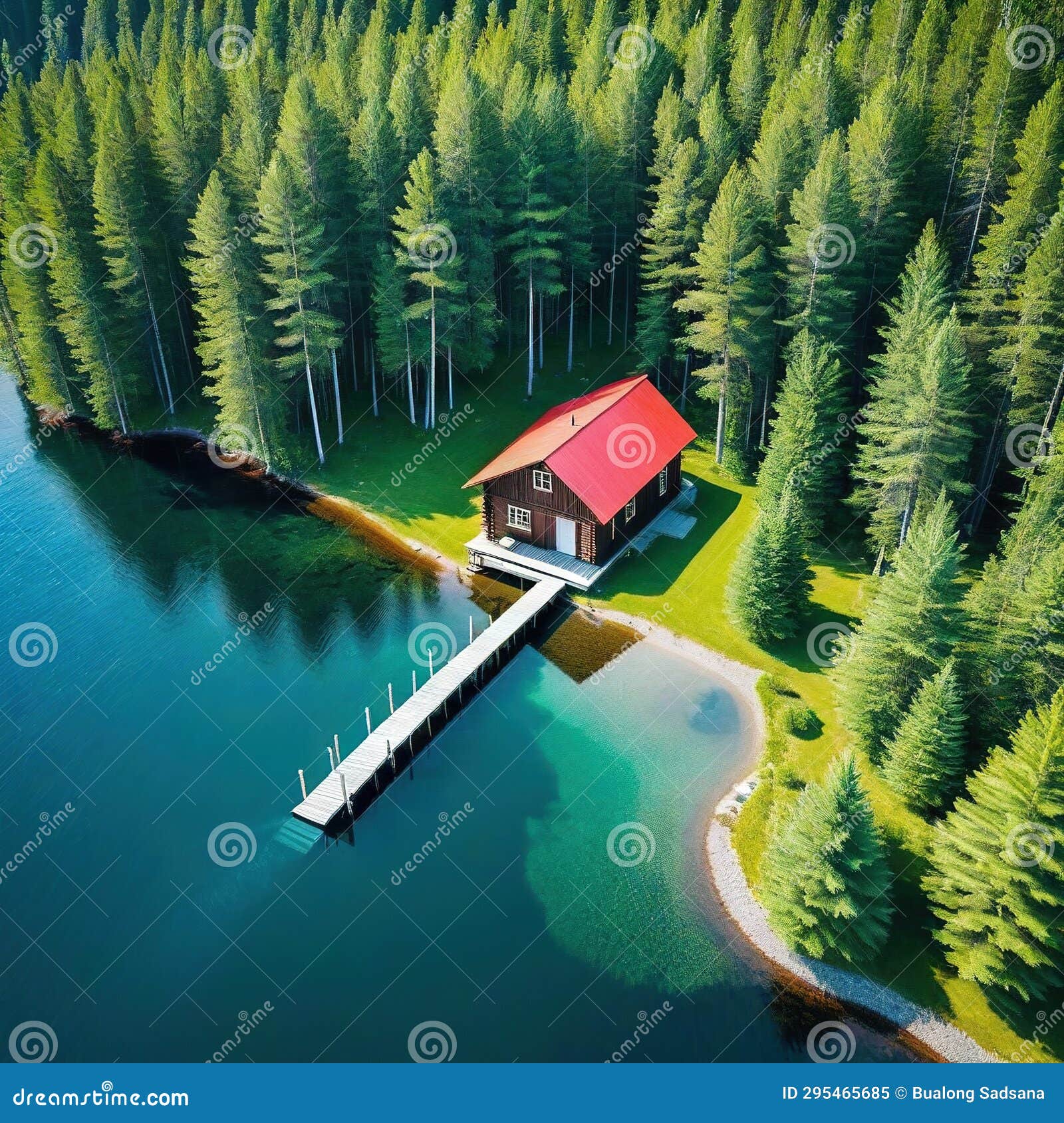 Aerial View of a Wooden Cabin in a Pine Forest beside a Lake in Rural ...