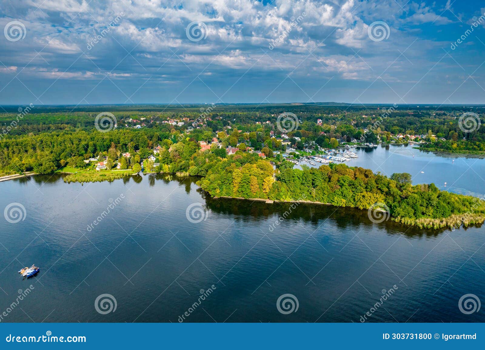 aerialview of lake and national park muggelsee.