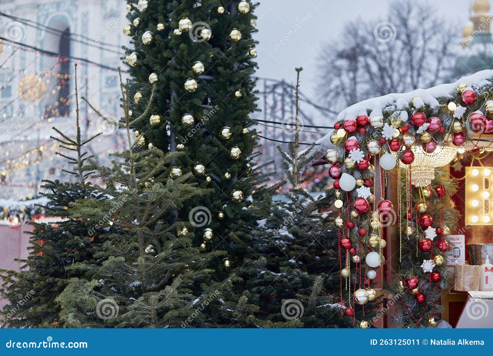 Aesthetic Outdoor Christmas Tree and Decorations with Bright Lights Outdoor  Background. New Year Holidays Stock Image - Image of glowing, garland:  263125011