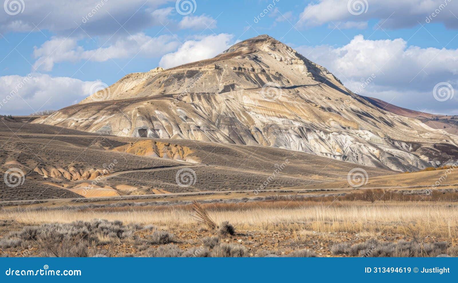 from afar it appears that the mountain has been painted with a haphazard brush as streaks of exposed earth and piles of
