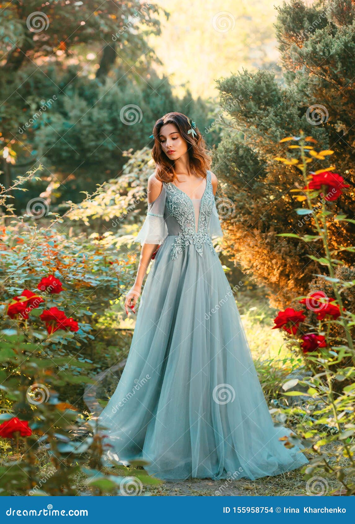 light blue dress with red flowers