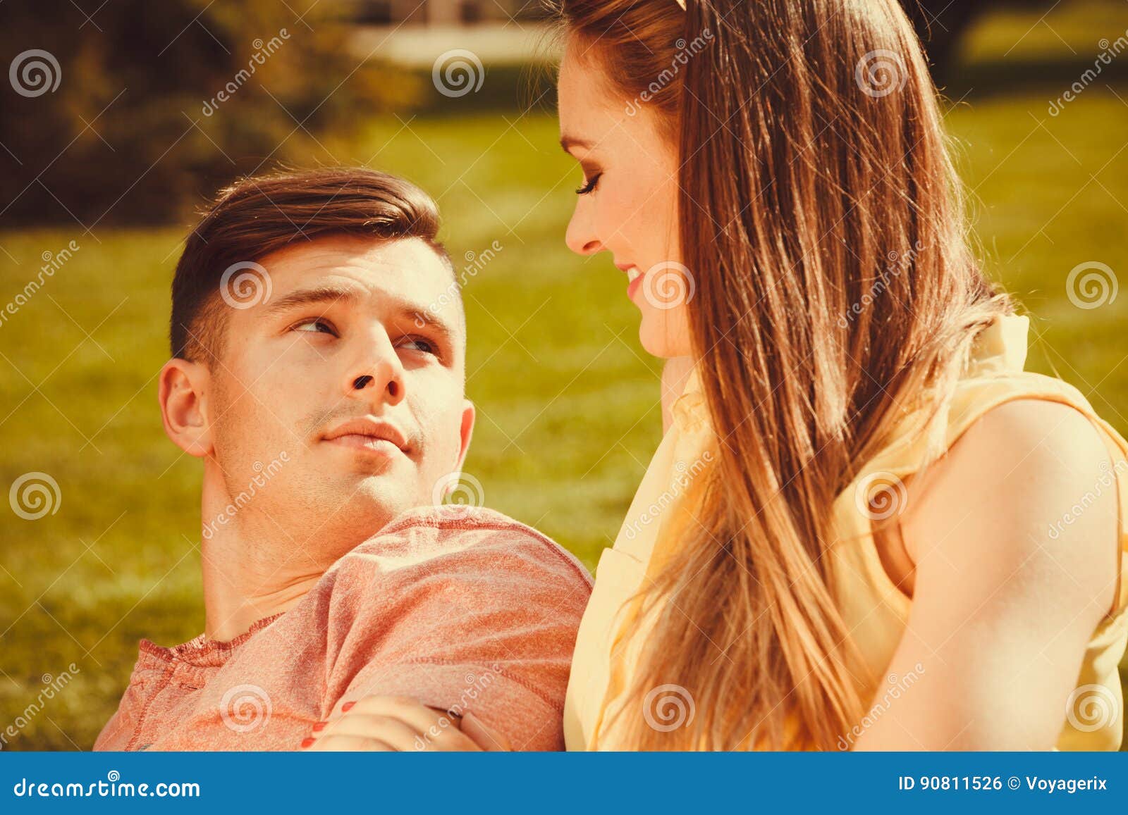 Affectionate Couple on Grass. Stock Photo - Image of romantic, date ...