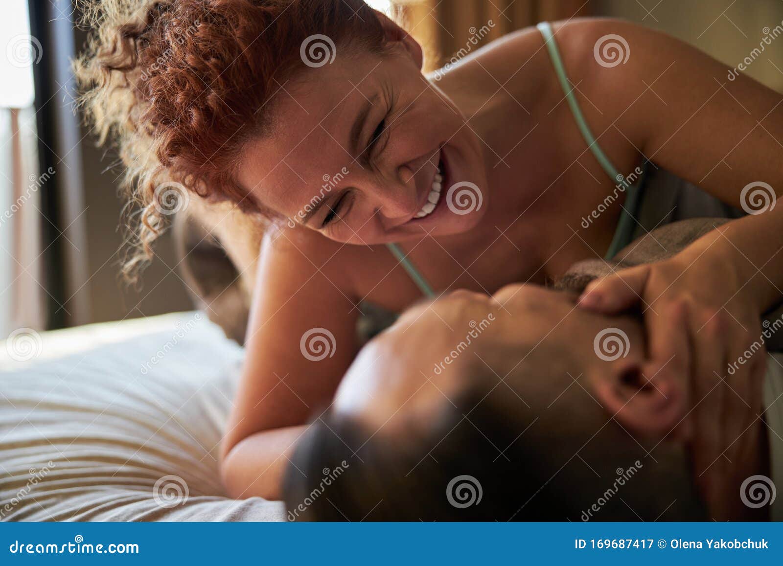 Adult Smiling Couple Getting Intimate while Lying in Bed Stock Image image photo