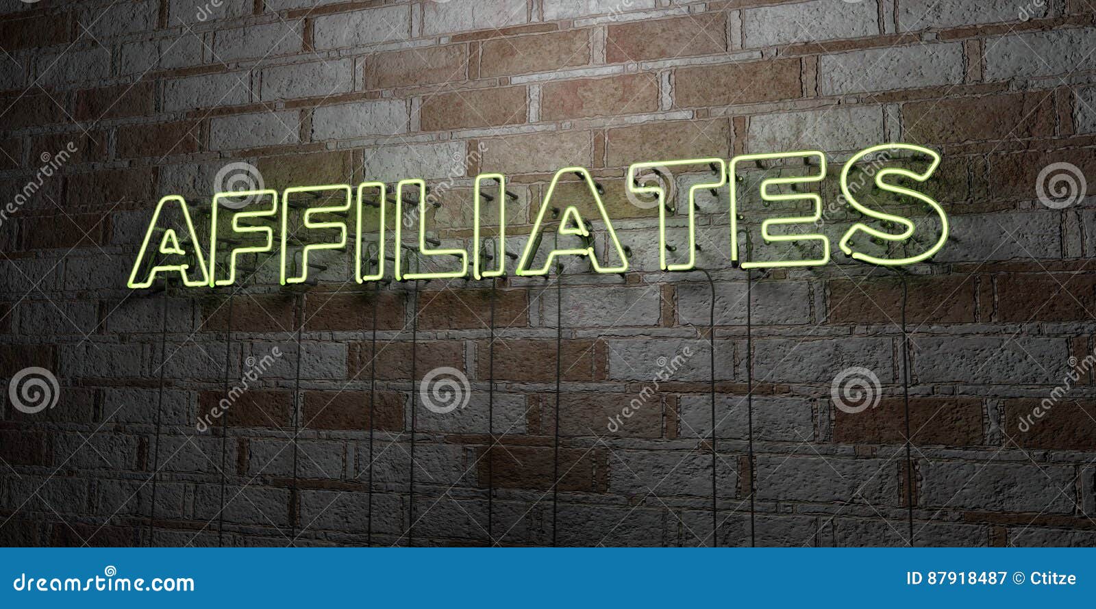 affiliates - glowing neon sign on stonework wall - 3d rendered royalty free stock 