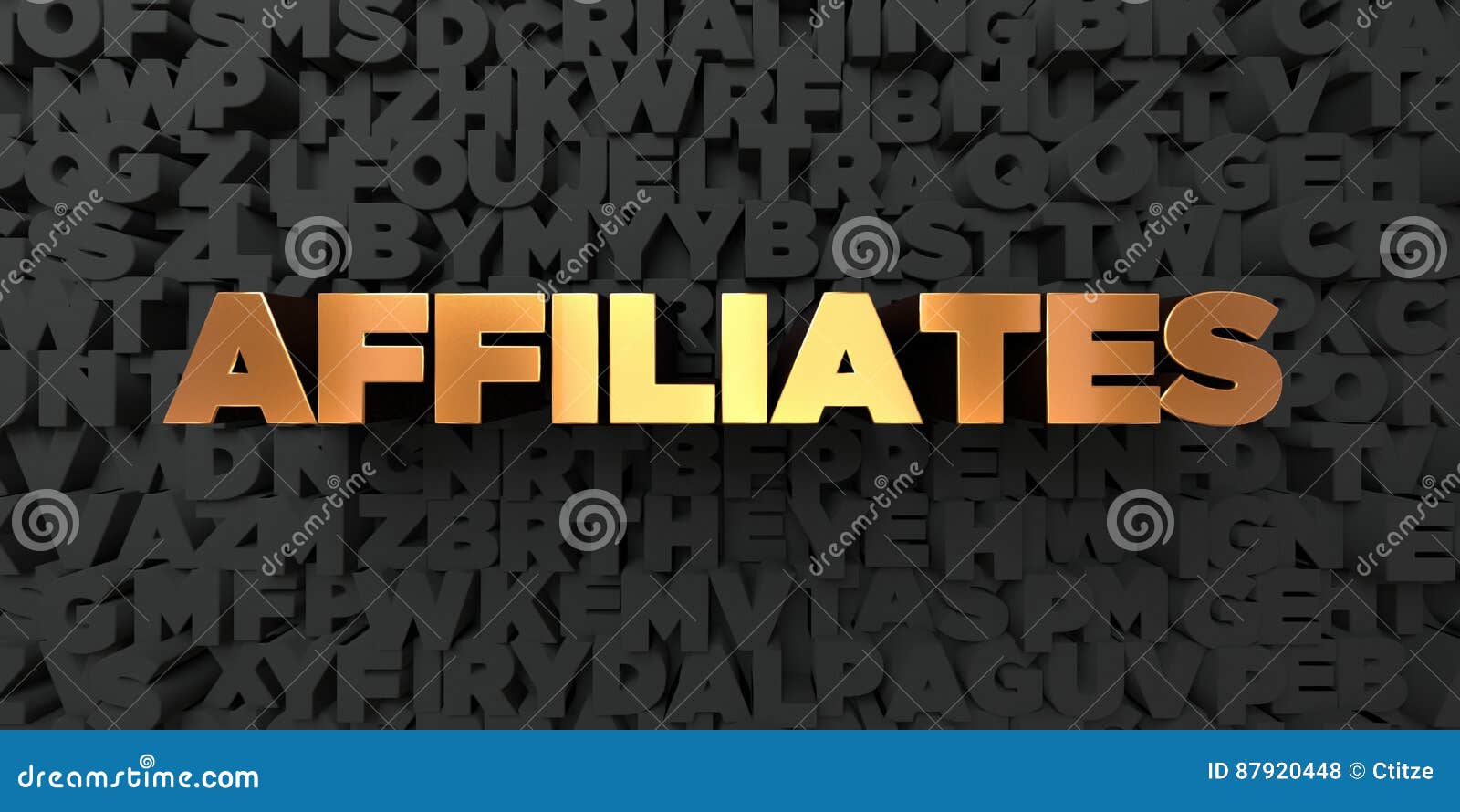 affiliates - gold text on black background - 3d rendered royalty free stock picture