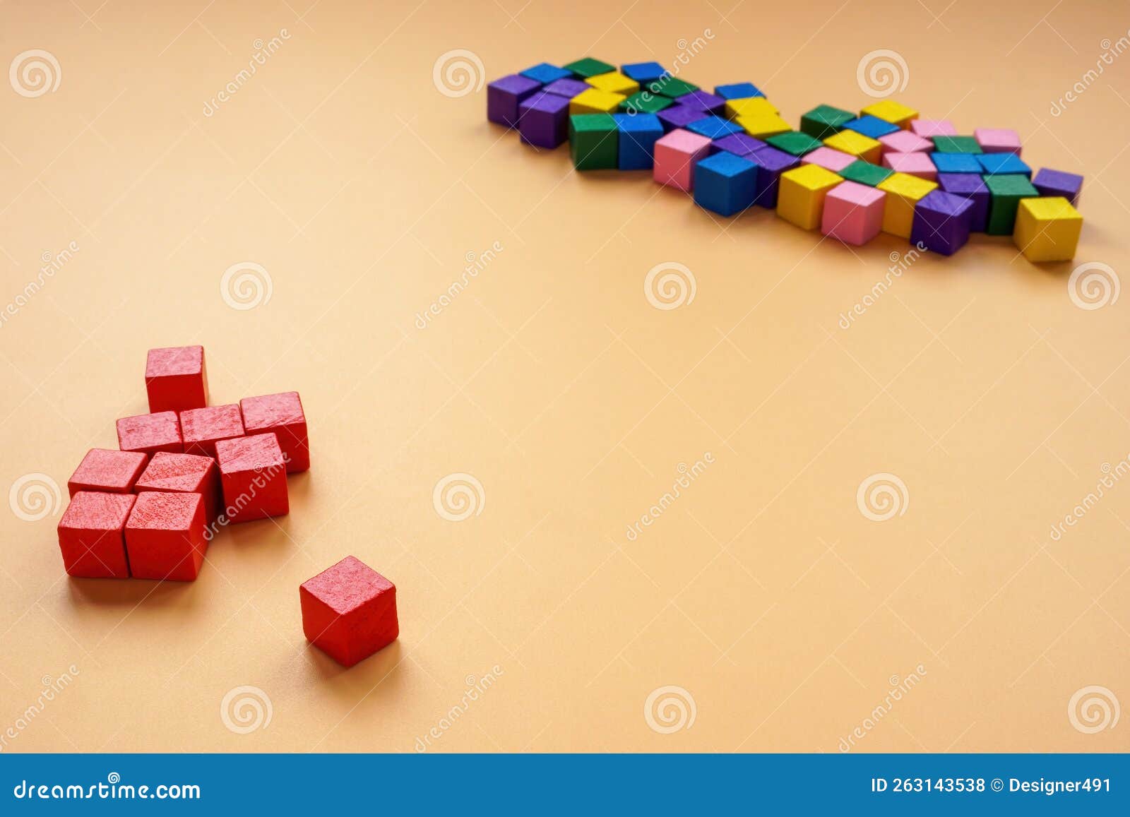 affinity bias concept. red cubes lie separately from other colors.