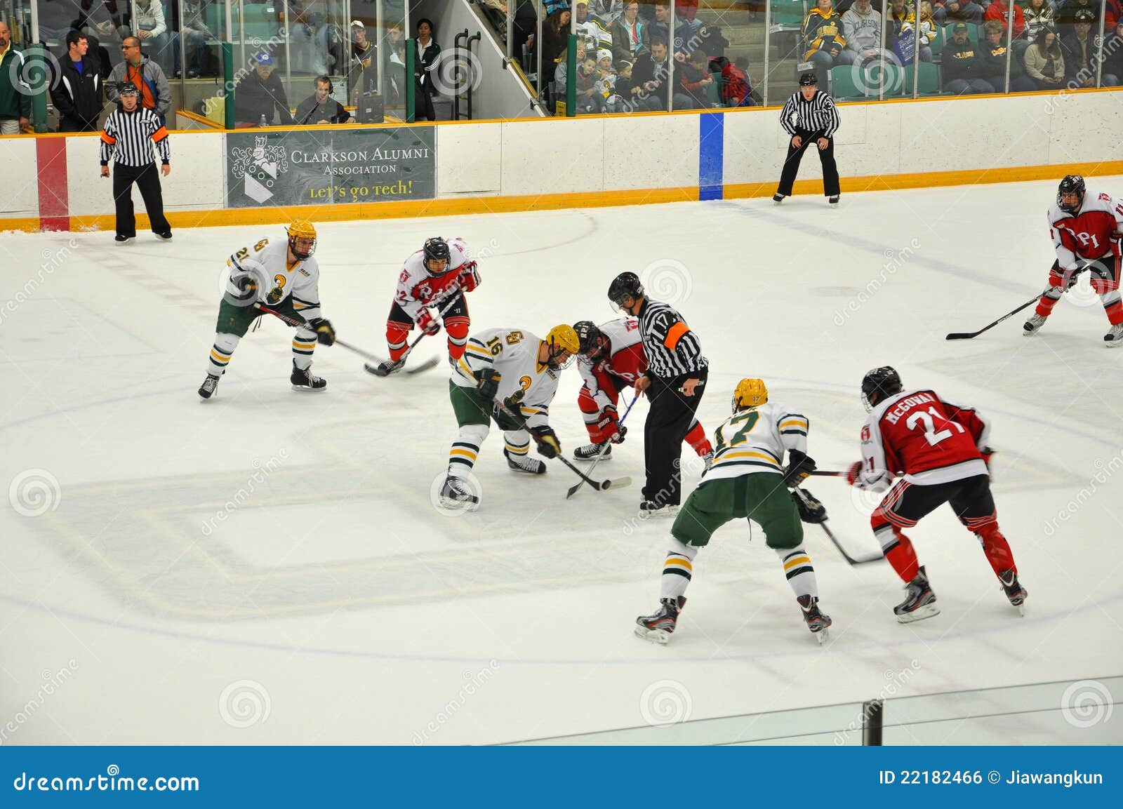 Affronti fuori nel gioco di hokey del ghiaccio. 4 novembre 2011 - affronti fuori fra l'università di Clarkson (bianca) e l'istituto politecnico di Rensselaer (rosso) nel gioco di hokey del ghiaccio del NCAA